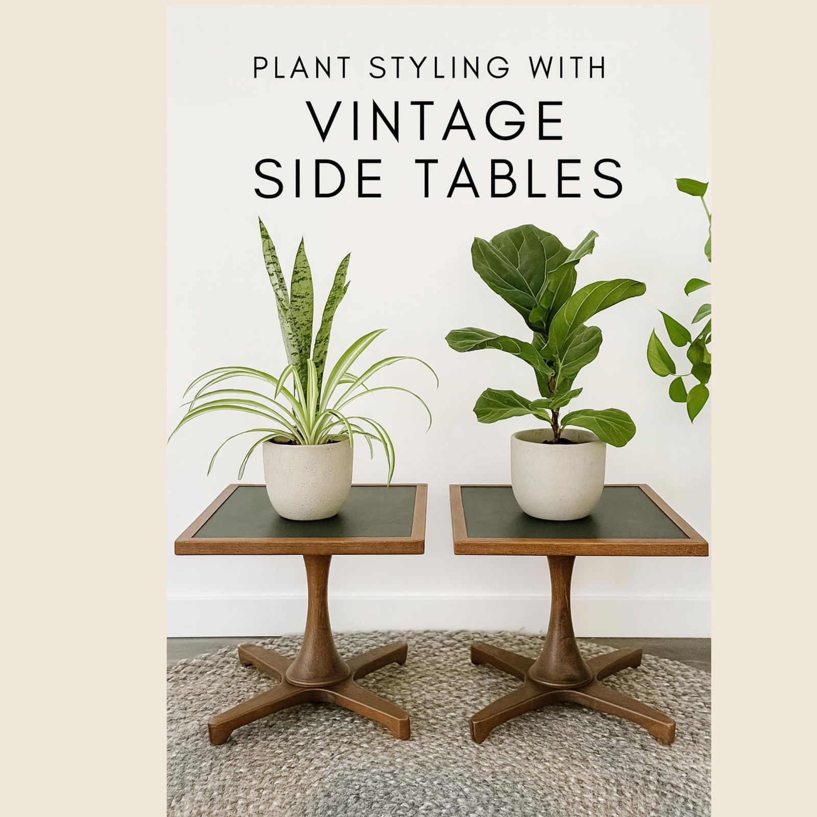 Mid Century Modern Wood Tables Set of 2 Black Accent Side End Vintage Riser Plant Stands Scandi - 10