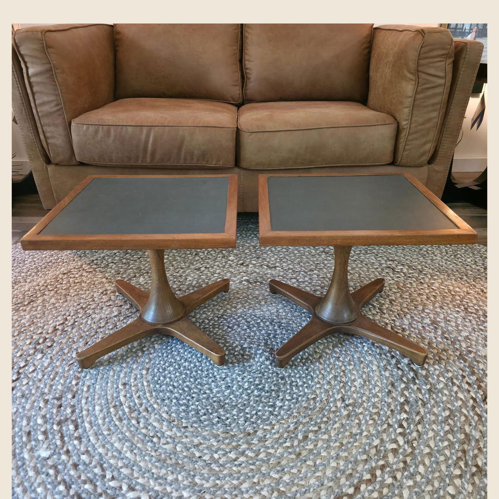 Mid Century Modern Wood Tables Set of 2 Black Accent Side End Vintage Riser Plant Stands Scandi - 5