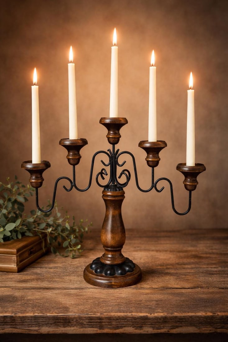 Vintage Wood & Iron Candelabra, Rustic Gothic Centerpiece, 5 Light Candleholder Dark Walnut - 2