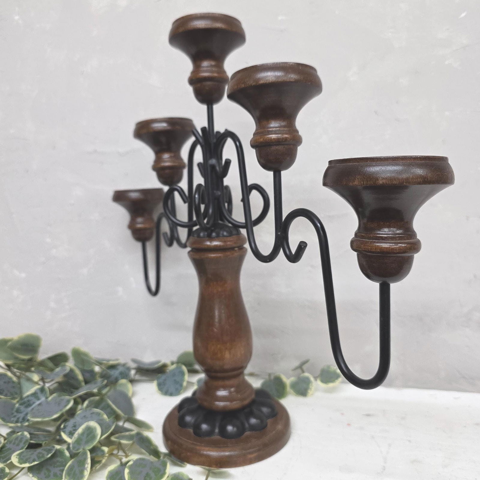 Vintage Wood & Iron Candelabra, Rustic Gothic Centerpiece, 5 Light Candleholder Dark Walnut - 5