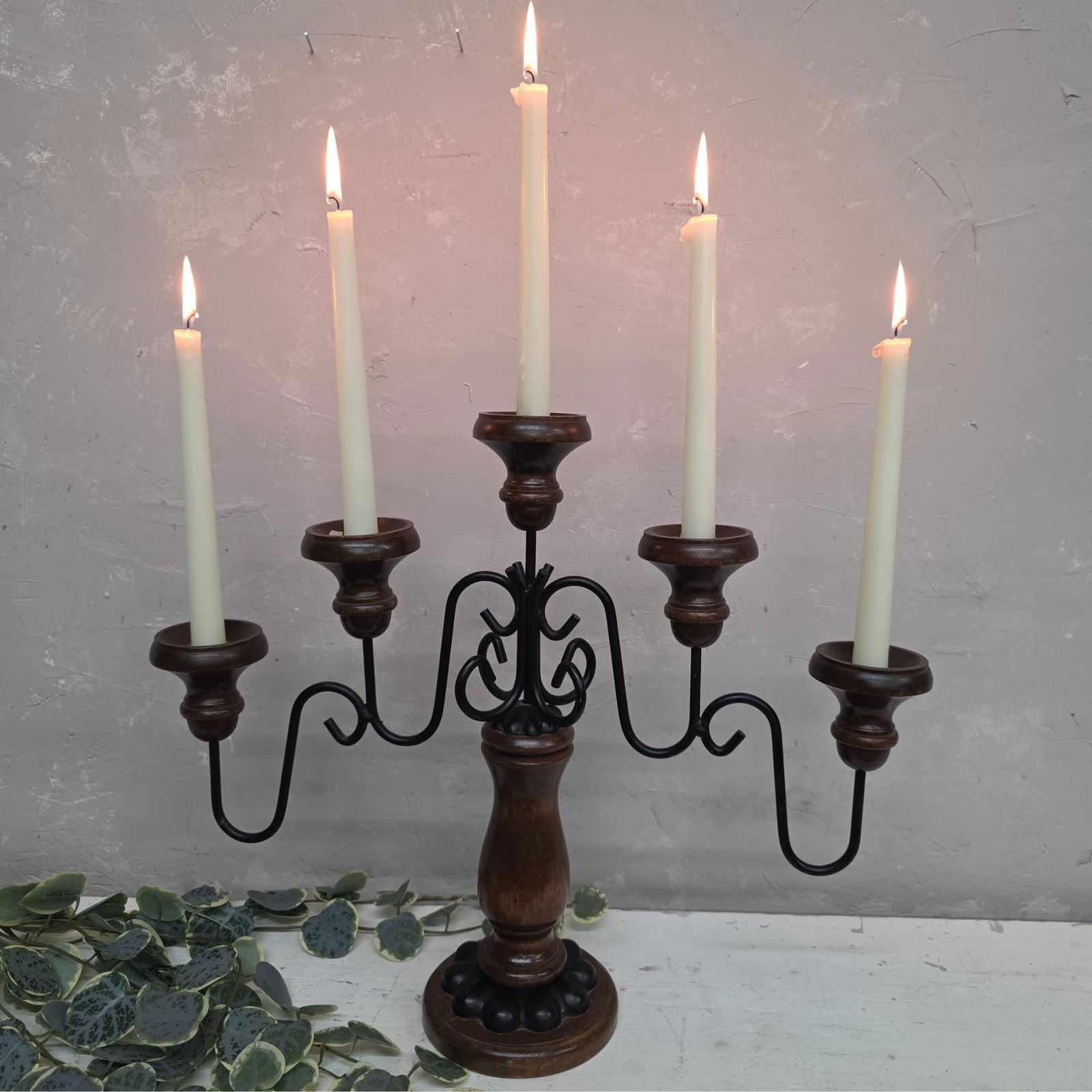 Vintage Wood & Iron Candelabra, Rustic Gothic Centerpiece, 5 Light Candleholder Dark Walnut - 7
