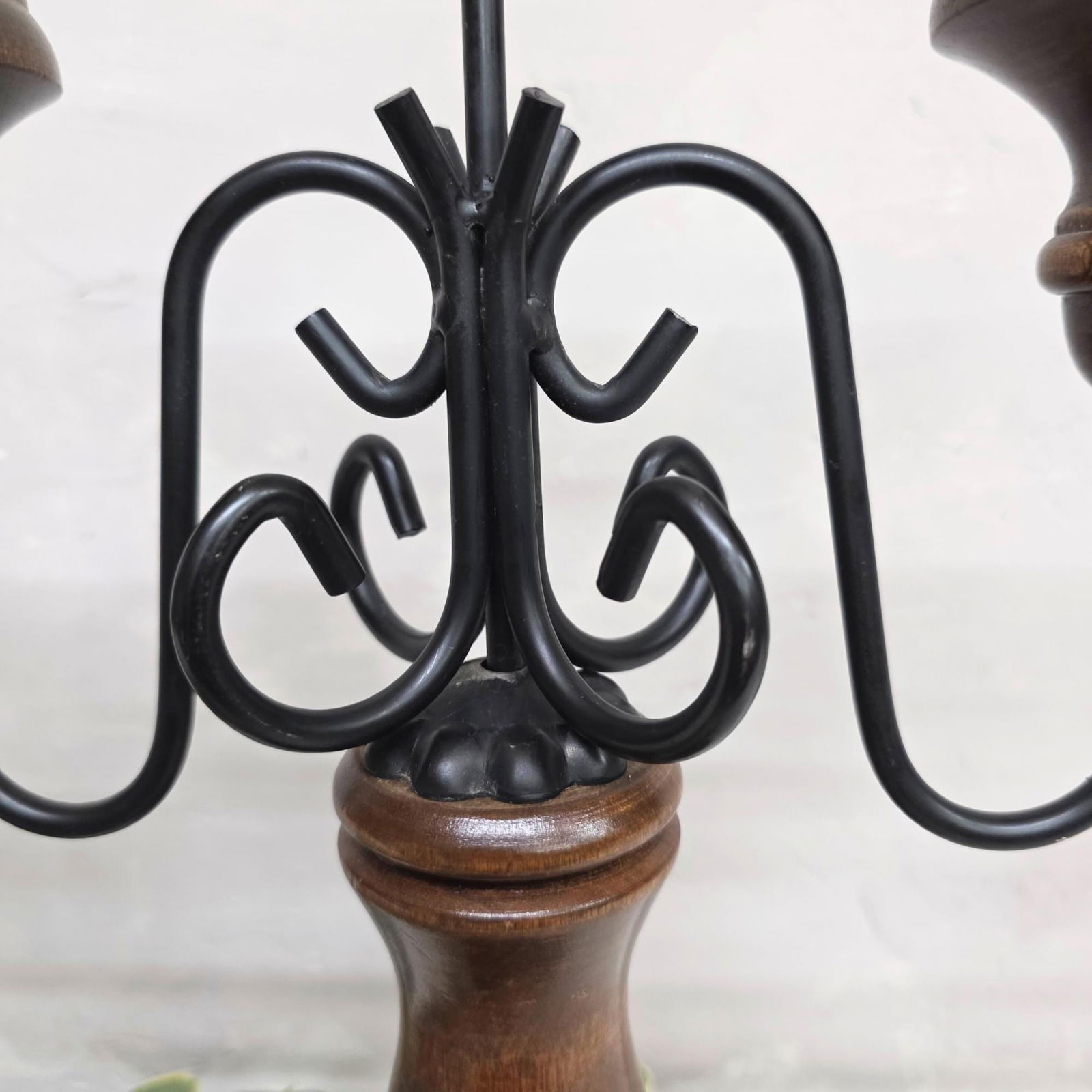 Vintage Wood & Iron Candelabra, Rustic Gothic Centerpiece, 5 Light Candleholder Dark Walnut - 8