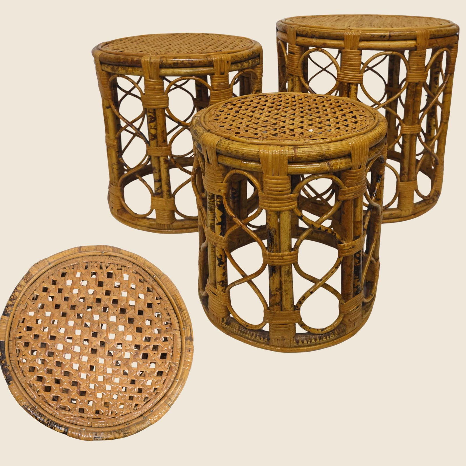 Rattan Bamboo Nesting Tables Set of 3 1970s MCM Palm Beach Regency Side Stands Glass Tops Boho - 2