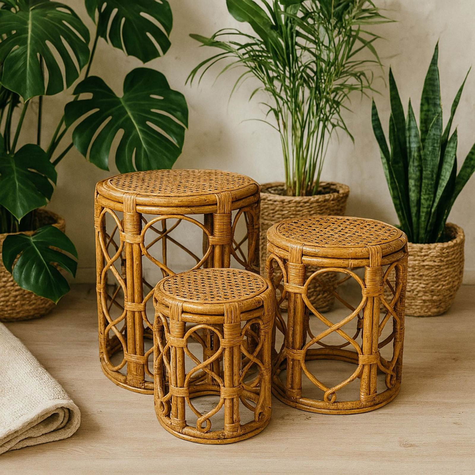 Rattan Bamboo Nesting Tables Set of 3 1970s MCM Palm Beach Regency Side Stands Glass Tops Boho - 3