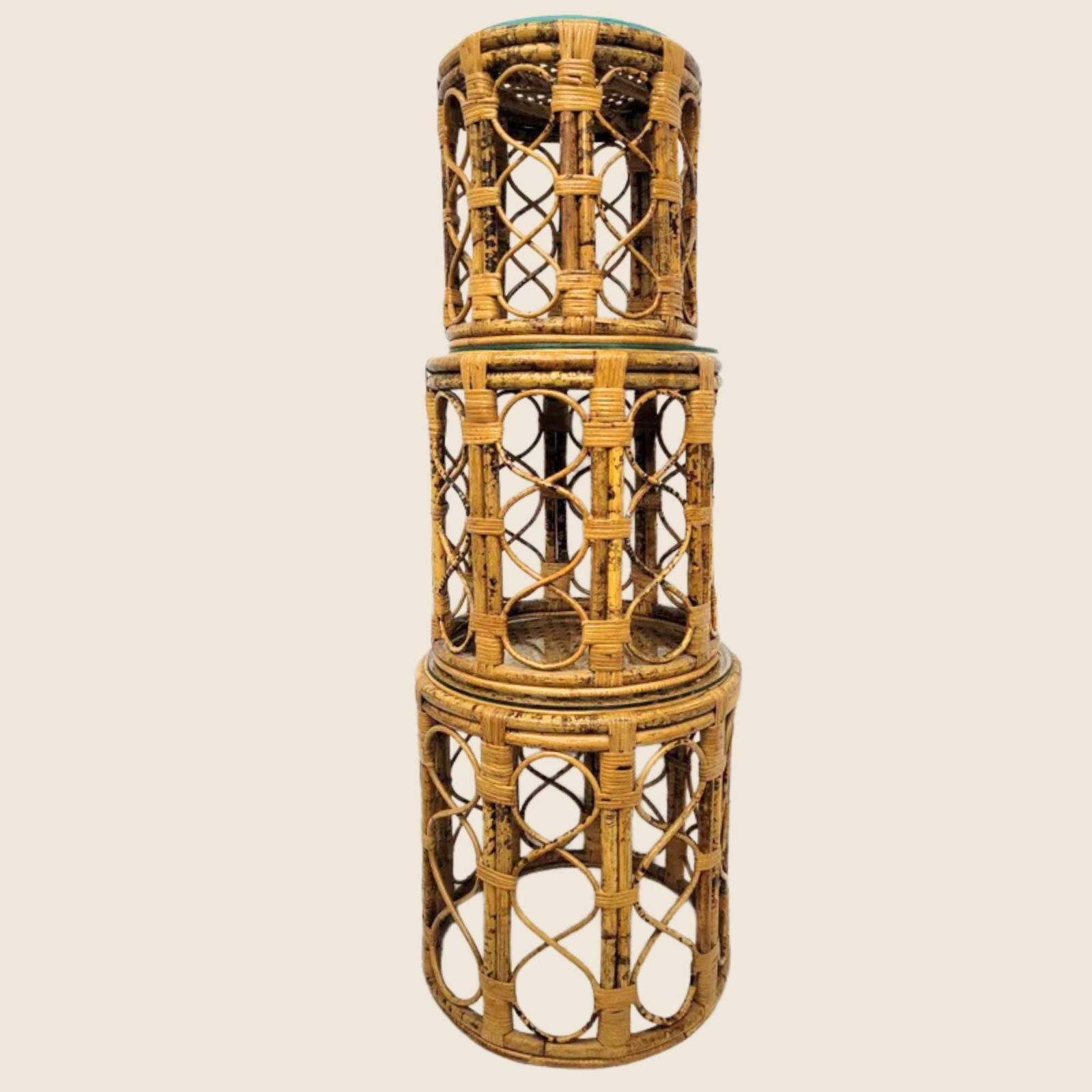 Rattan Bamboo Nesting Tables Set of 3 1970s MCM Palm Beach Regency Side Stands Glass Tops Boho - 4