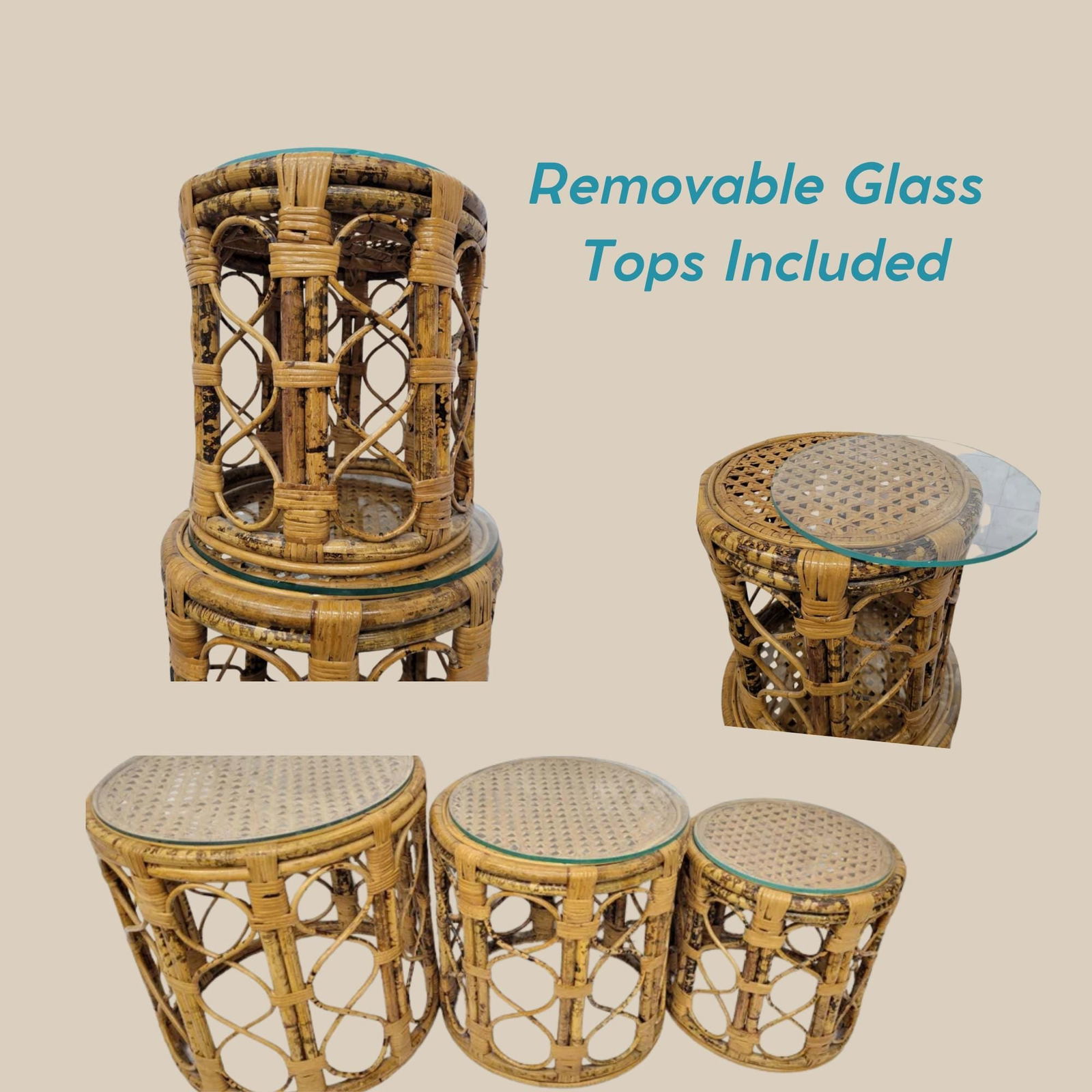 Rattan Bamboo Nesting Tables Set of 3 1970s MCM Palm Beach Regency Side Stands Glass Tops Boho - 5