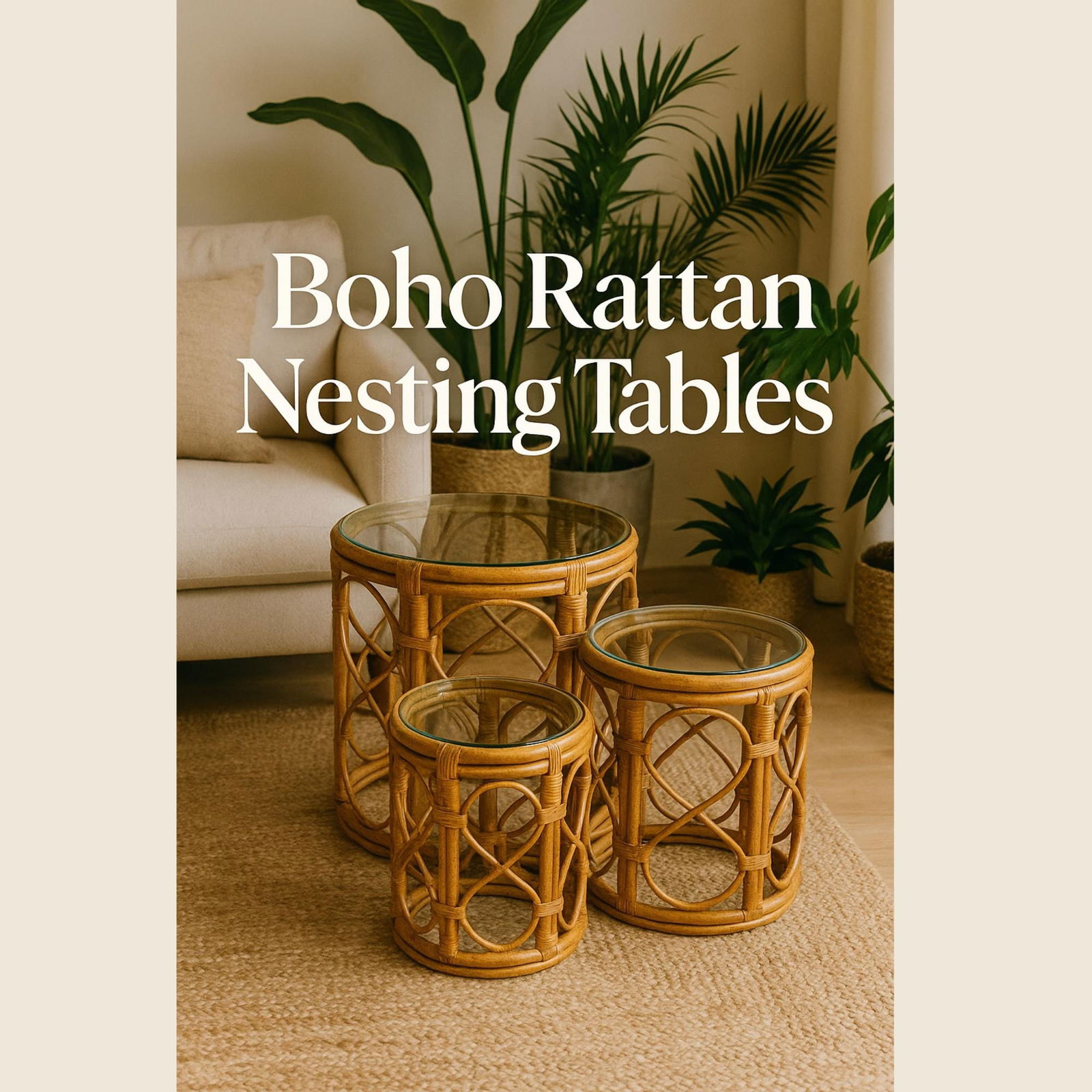 Rattan Bamboo Nesting Tables Set of 3 1970s MCM Palm Beach Regency Side Stands Glass Tops Boho - 9
