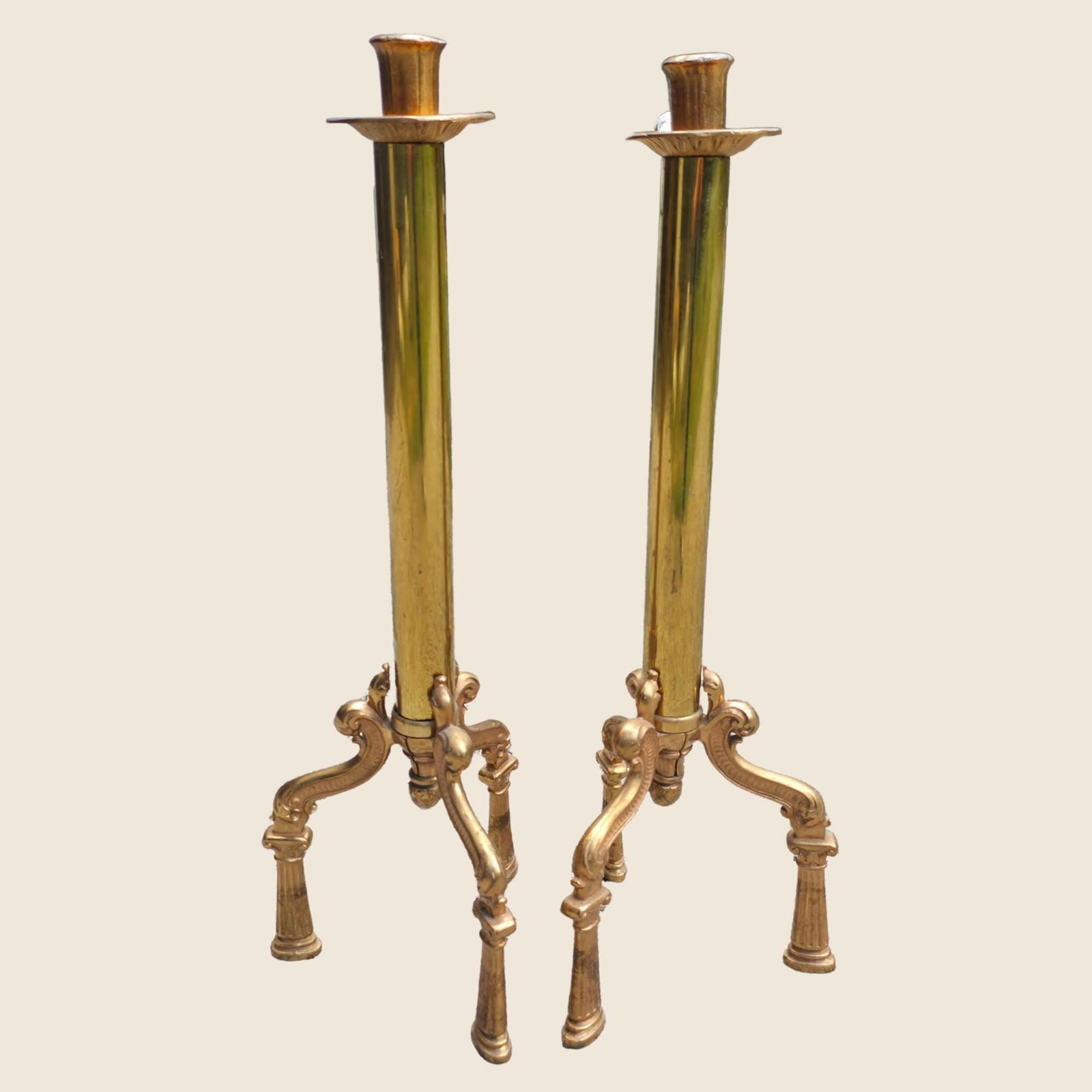 Antique Brass Floor Candle Holders: French Empire Tripod Torcheres (1 of 9)