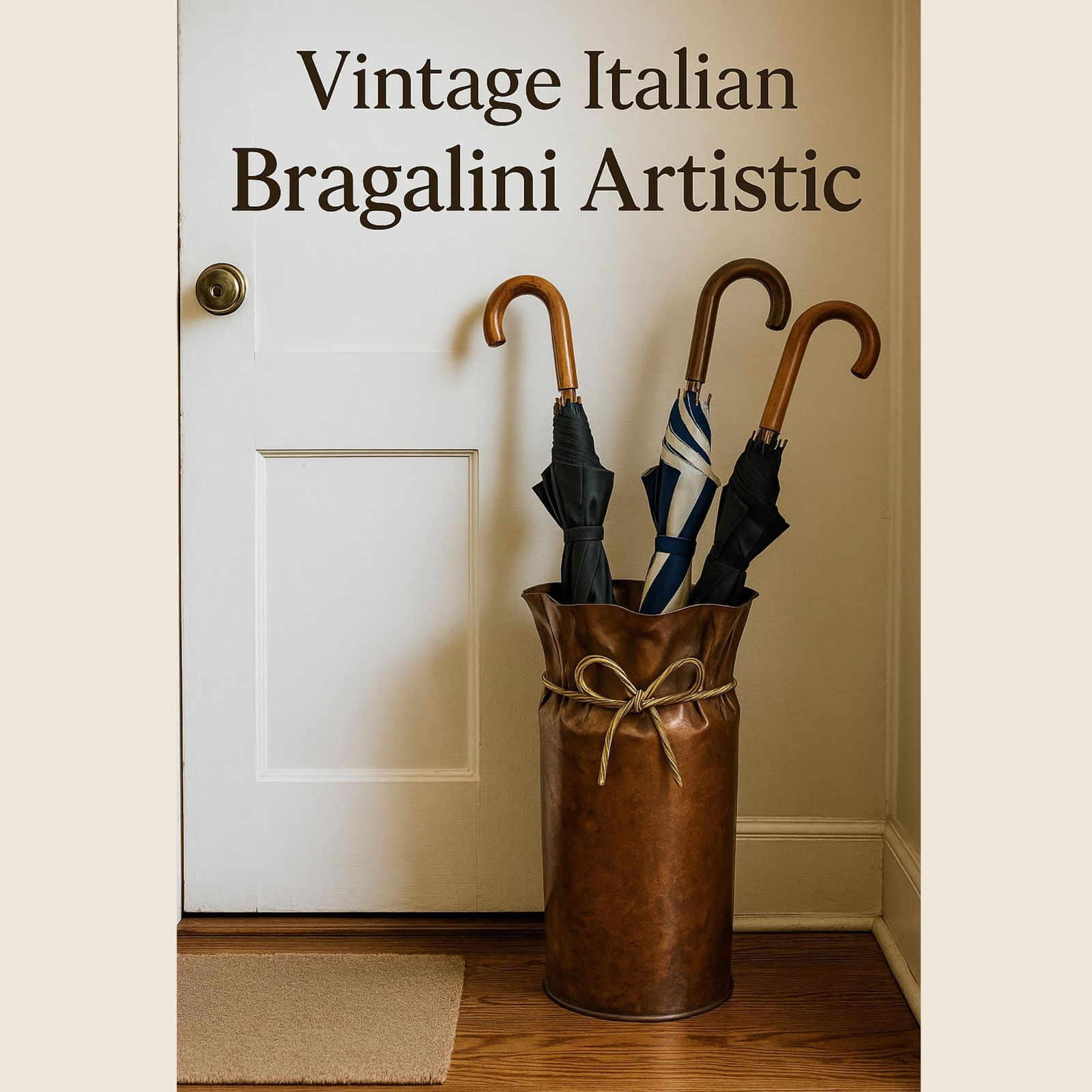 Vintage Italian Copper Umbrella Stand: Handcrafted Angelo Bragalini Style, Brass Accents - 10