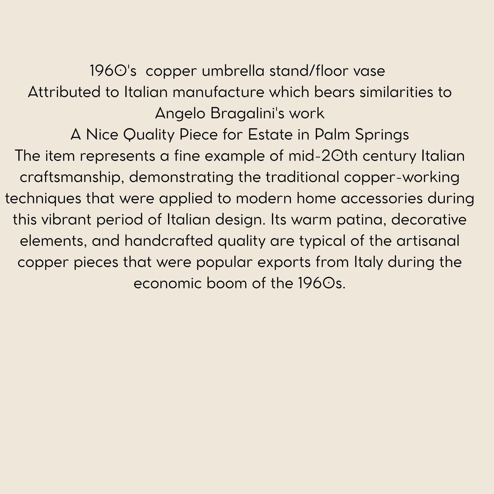 Vintage Italian Copper Umbrella Stand: Handcrafted Angelo Bragalini Style, Brass Accents - 3