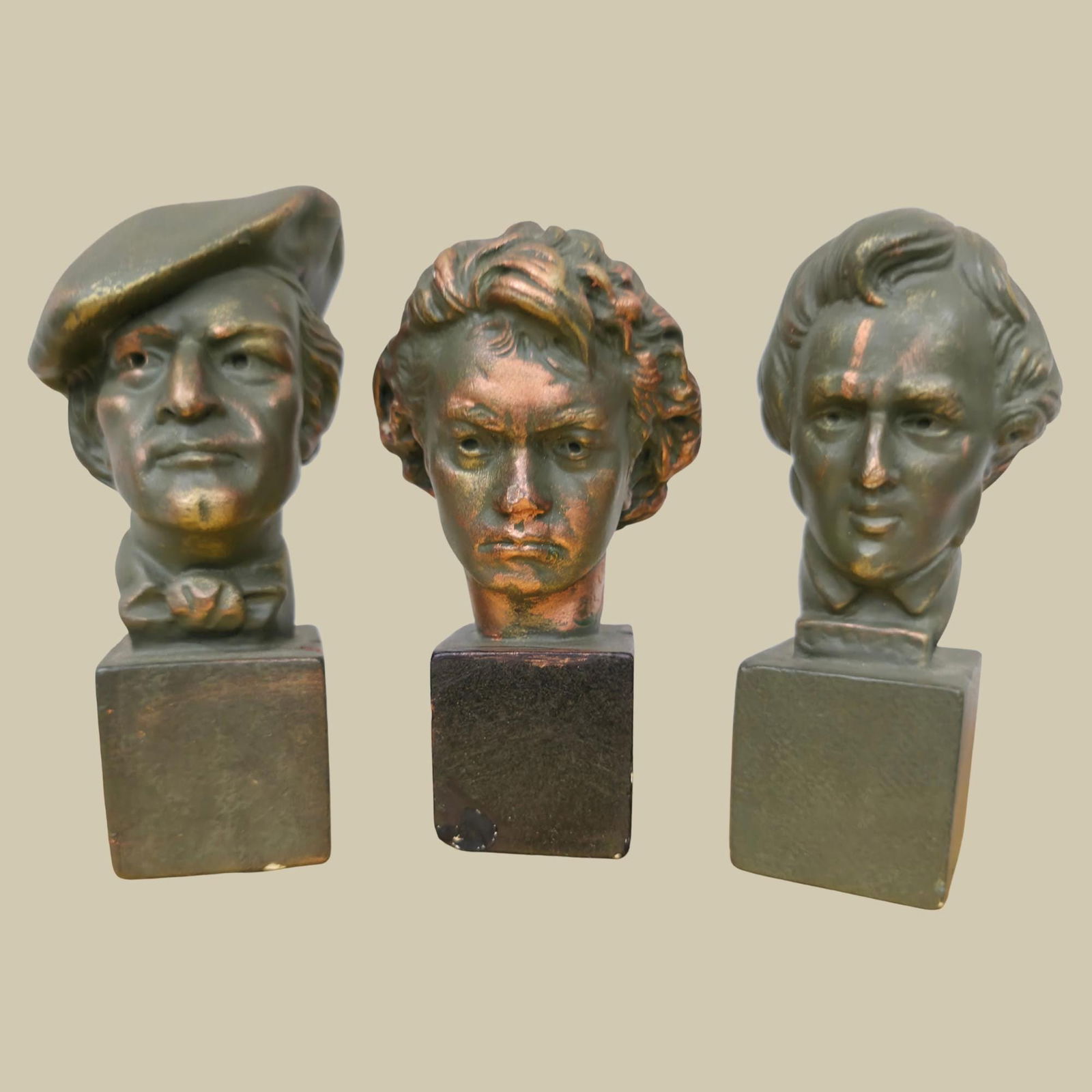 Vintage Miniature Statue Set of 3 Bust Chalkware Statues Beethoven Wagner Mozart Library Office: Title: Vintage Miniature Statue Set of 3 Bust Chalkware Statues Beethoven Wagner Mozart Library Office Decor Description: Vintage miniature busts of legendary classical musiciansâ€”Be