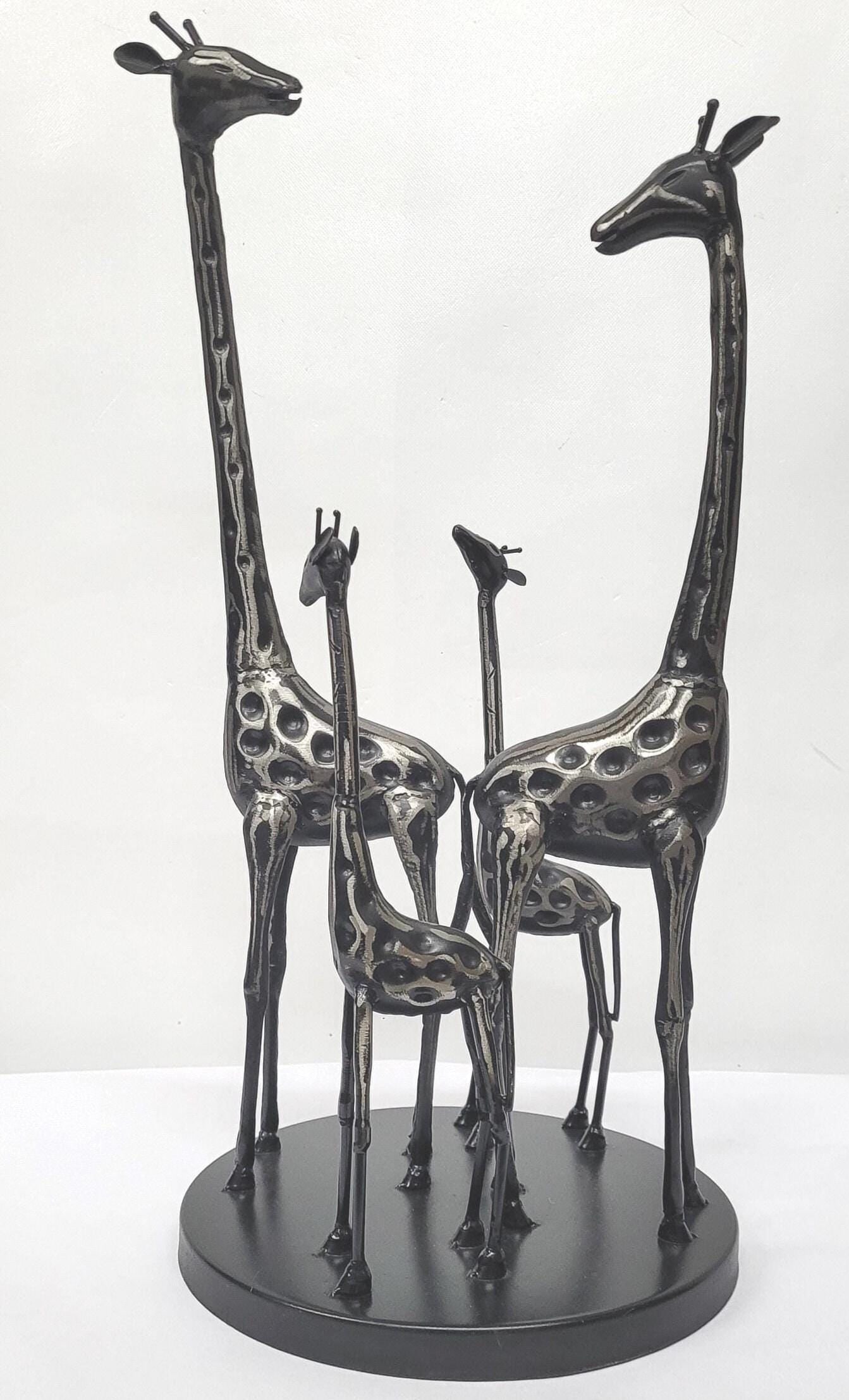Vintage Metal Giraffes Sculpture Family Group | Black Silver Handcrafted Animal Art Home Decor (1 of 8)