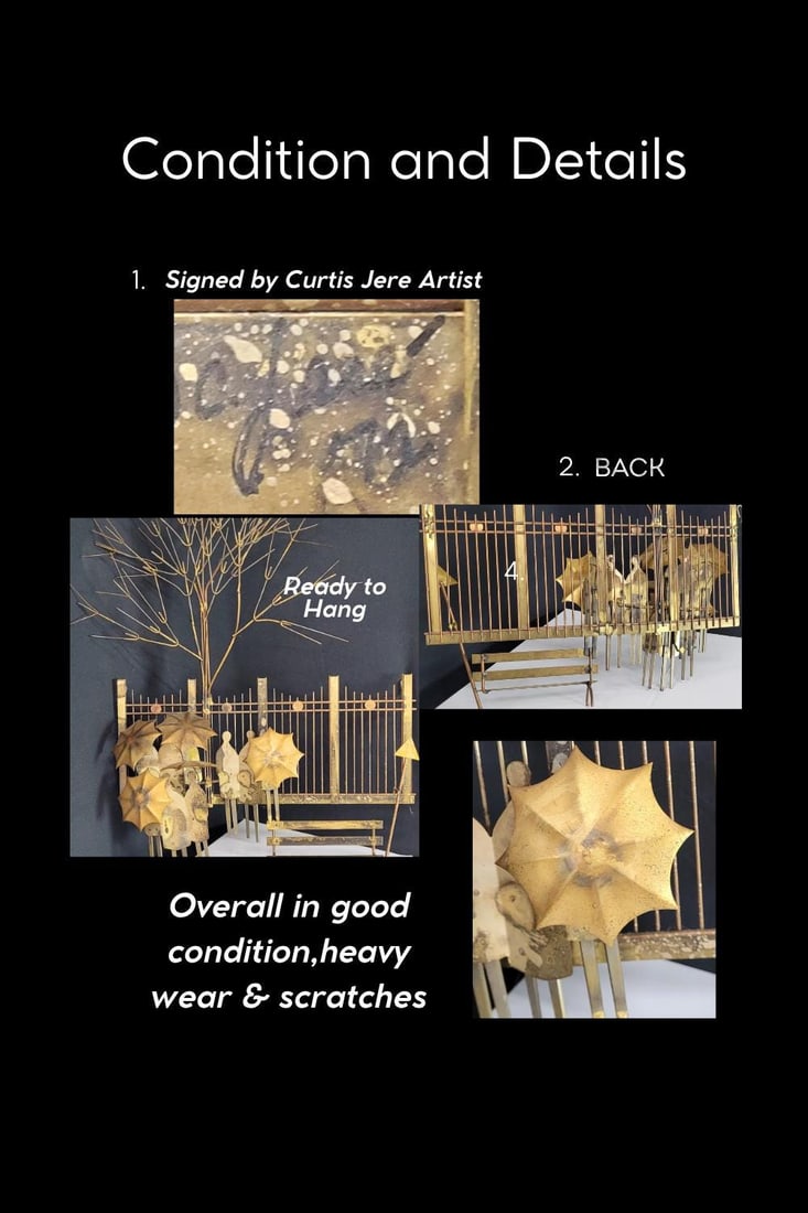 1970s Brass Rainy Day Bus Stop Wall Sculpture | Mid Century Umbrella People Metal Wall Art Jere - 10