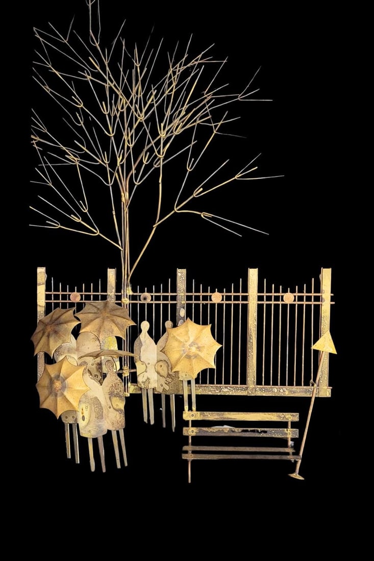 1970s Brass Rainy Day Bus Stop Wall Sculpture | Mid Century Umbrella People Metal Wall Art Jere