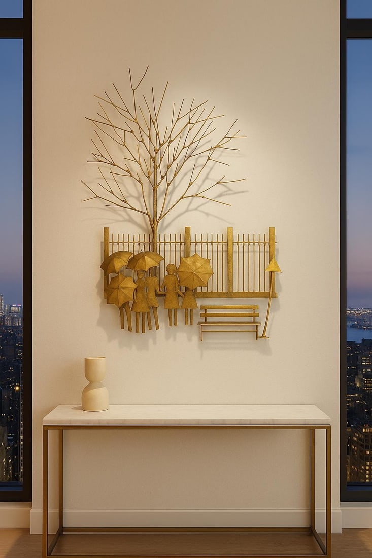 1970s Brass Rainy Day Bus Stop Wall Sculpture | Mid Century Umbrella People Metal Wall Art Jere - 2