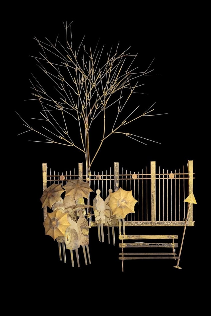 1970s Brass Rainy Day Bus Stop Wall Sculpture | Mid Century Umbrella People Metal Wall Art Jere - 3