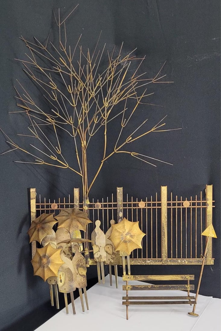 1970s Brass Rainy Day Bus Stop Wall Sculpture | Mid Century Umbrella People Metal Wall Art Jere - 5