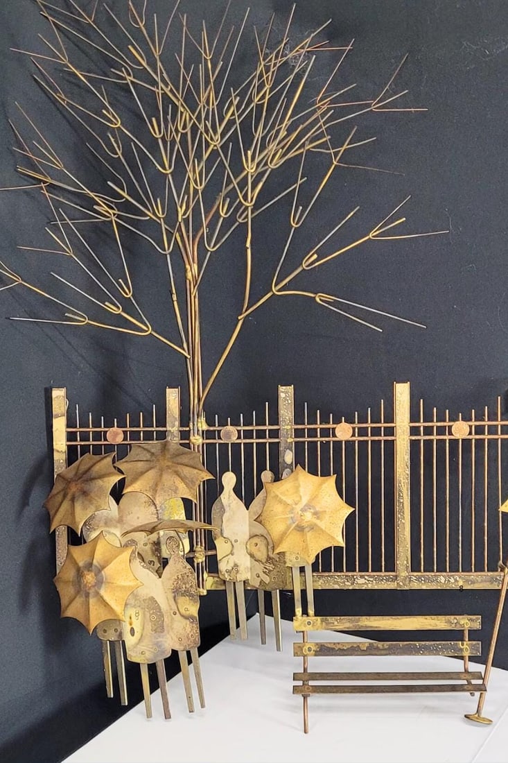 1970s Brass Rainy Day Bus Stop Wall Sculpture | Mid Century Umbrella People Metal Wall Art Jere - 6