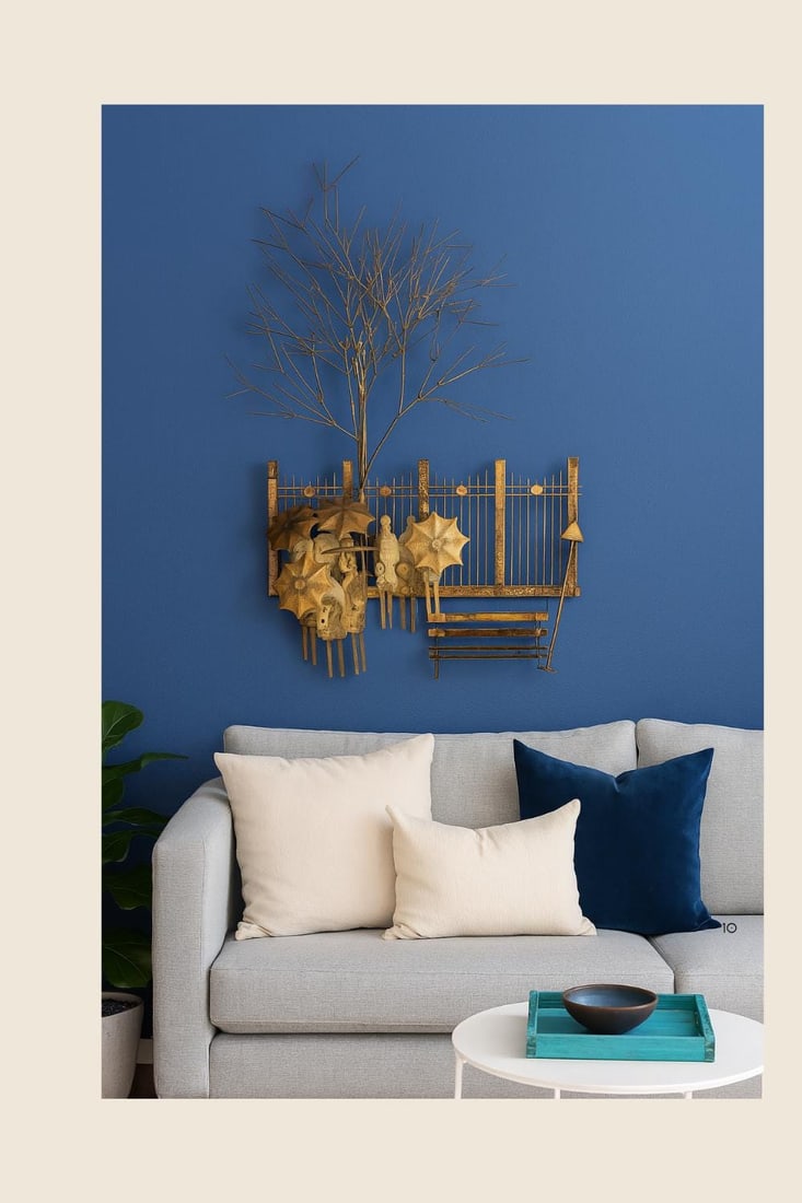 1970s Brass Rainy Day Bus Stop Wall Sculpture | Mid Century Umbrella People Metal Wall Art Jere - 9