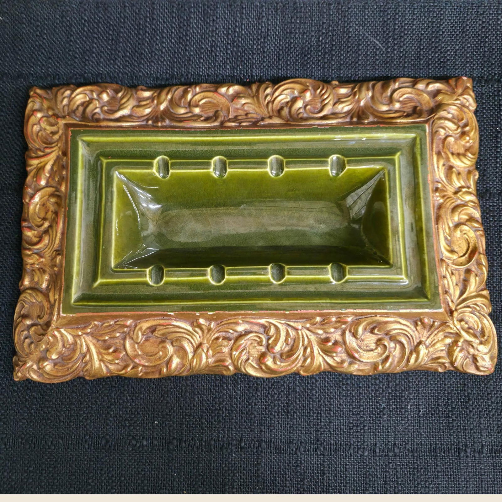 Vintage Ceramic Ashtray Green Gold Gilt Mid Century Barware Hollywood Regency Tray Rococo Revival (1 of 10)