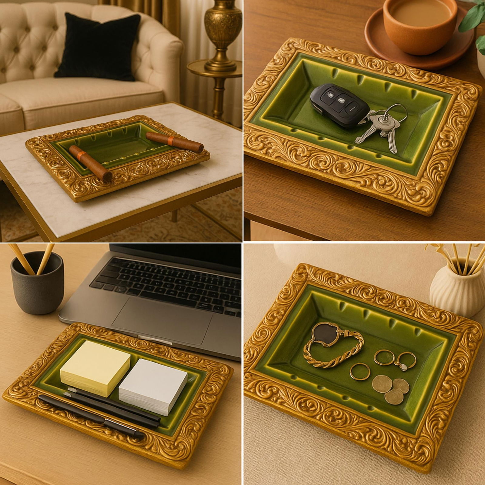 Vintage Ceramic Ashtray Green Gold Gilt Mid Century Barware Hollywood Regency Tray Rococo Revival - 7