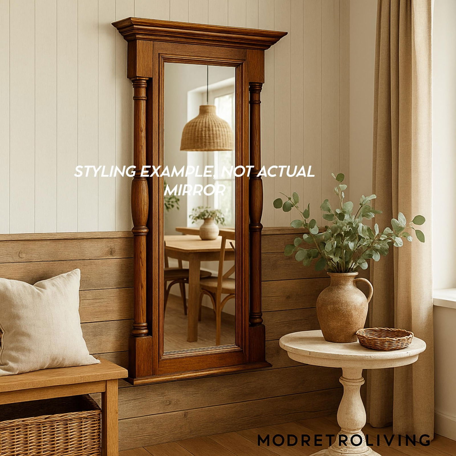 Vintage Wood Wall Mirror: Spindle Columns, Farmhouse Cottagecore Decor, 45" Tall - 3