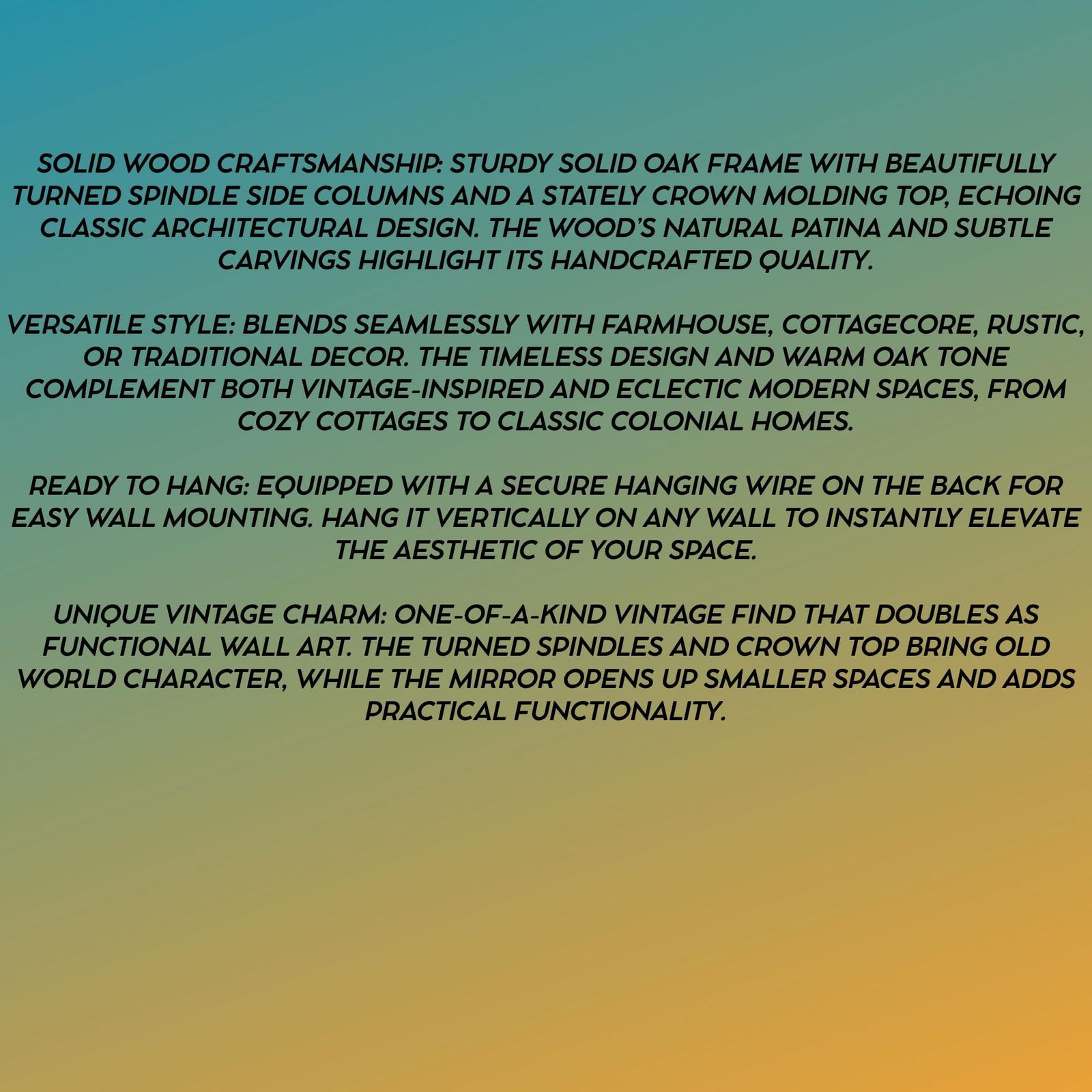 Vintage Wood Wall Mirror: Spindle Columns, Farmhouse Cottagecore Decor, 45" Tall - 9