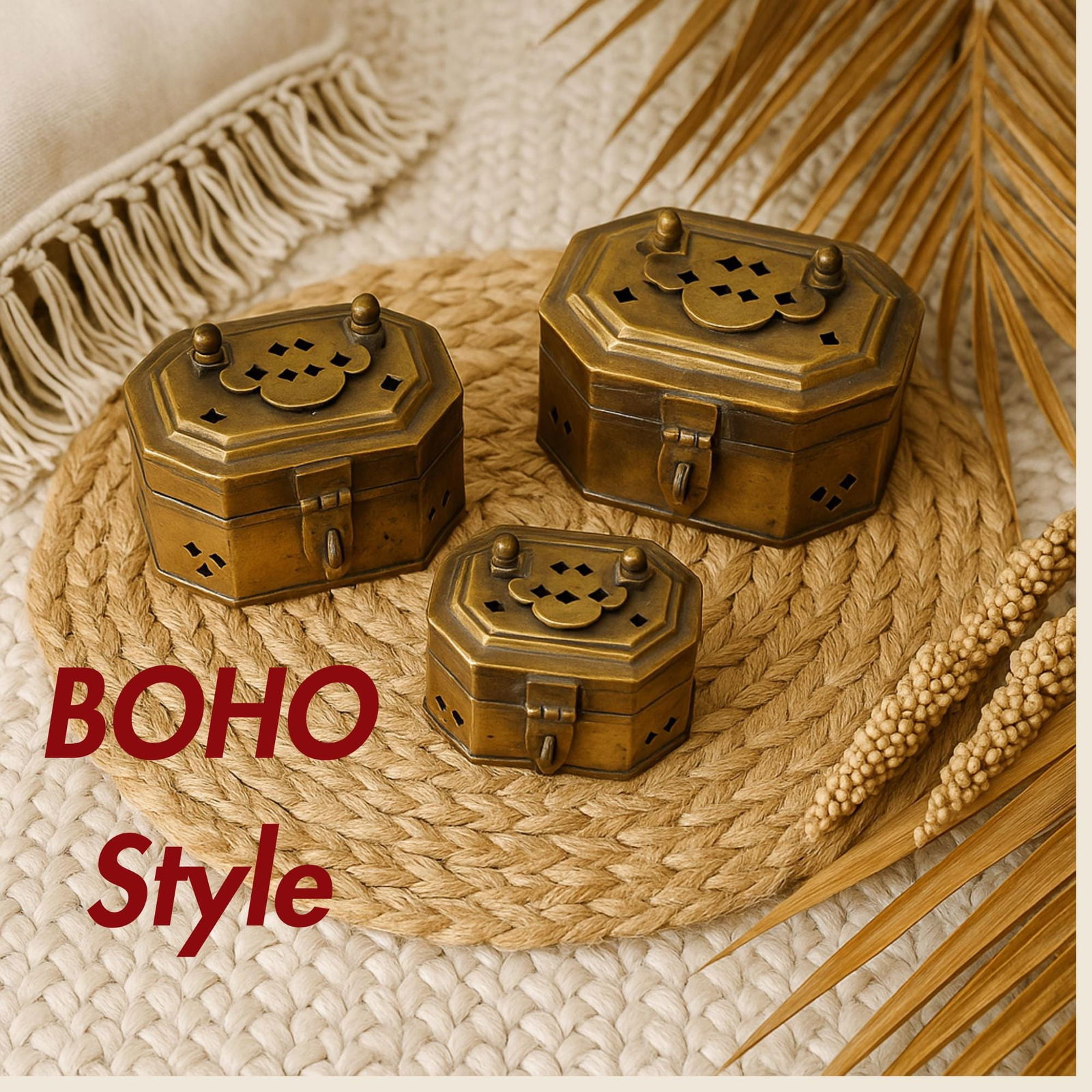 Vintage Brass Decorative Boxes Set of 3 Pierced Indian Cricket Trinket Decor Ornate Vanity Storage - 10