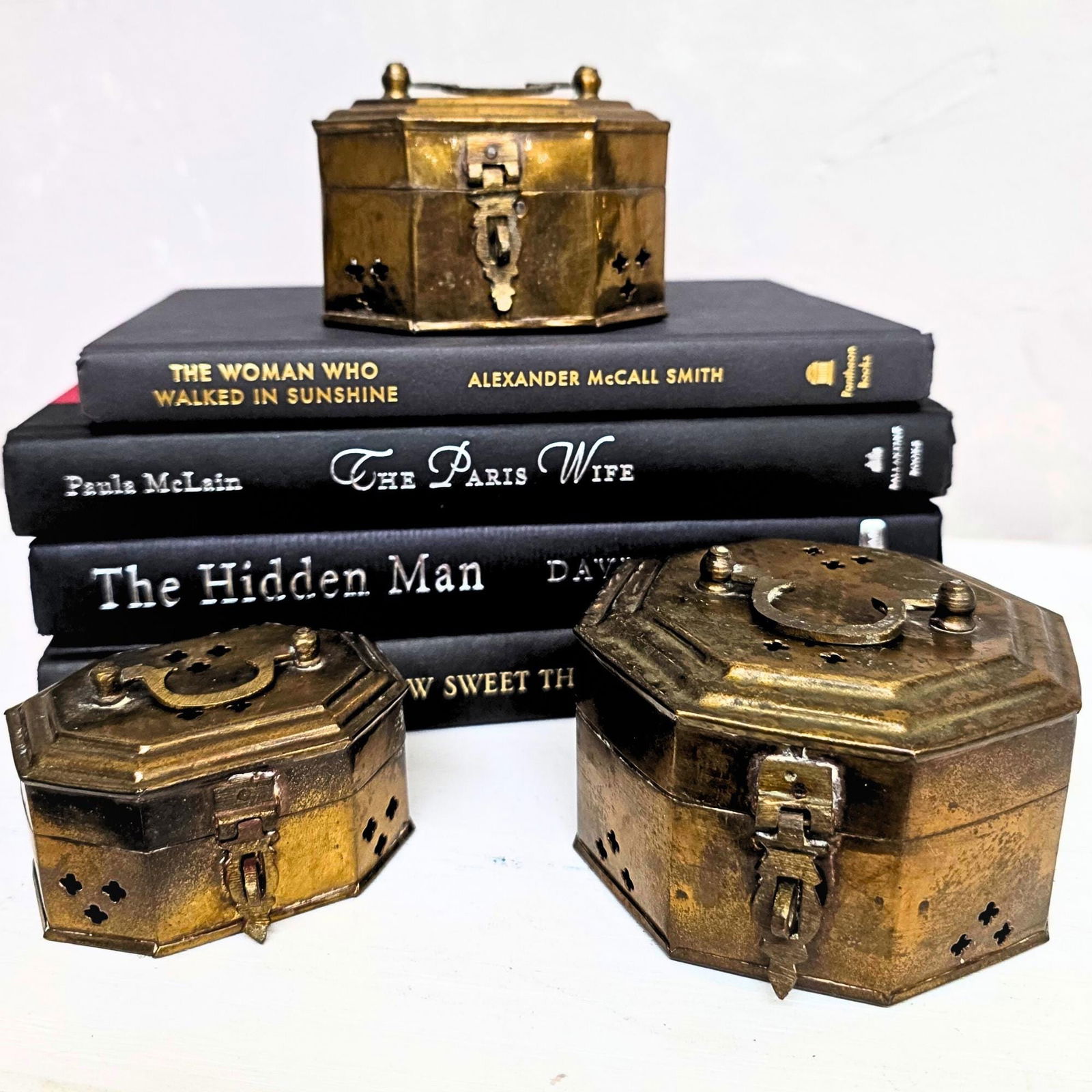 Vintage Brass Decorative Boxes Set of 3 Pierced Indian Cricket Trinket Decor Ornate Vanity Storage - 3