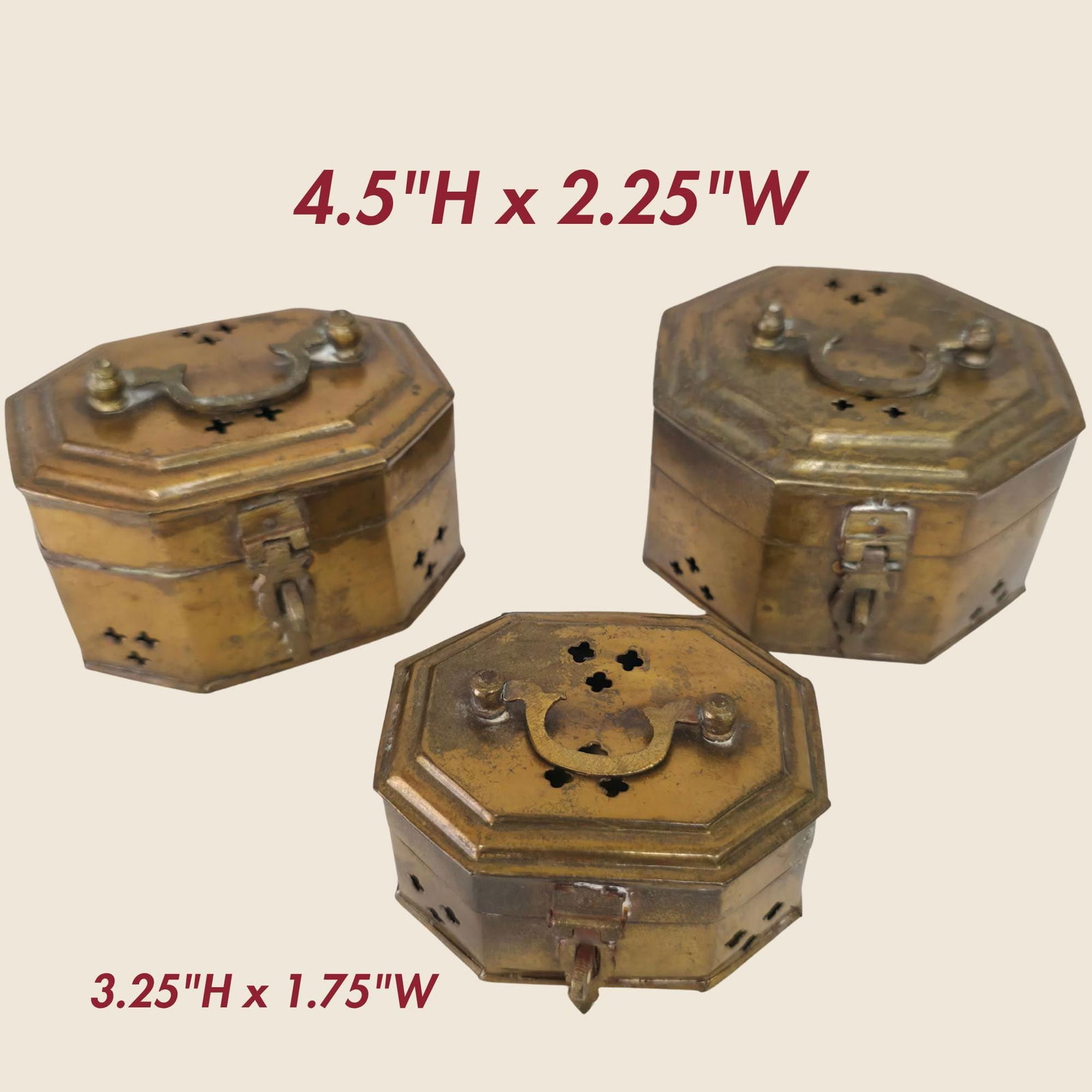 Vintage Brass Decorative Boxes Set of 3 Pierced Indian Cricket Trinket Decor Ornate Vanity Storage - 9