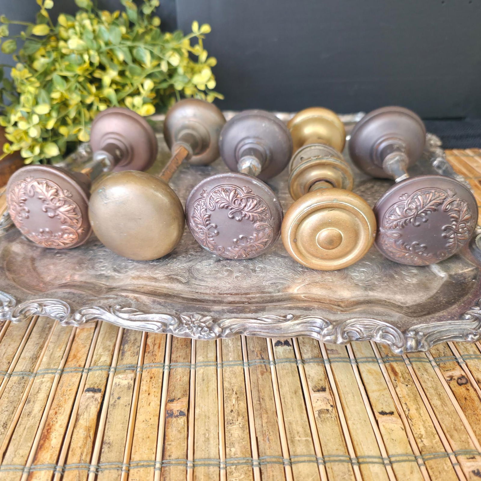 Vintage Brass Copper Door Knob Ornate Victorian Hardware Decorative Embossed Doorknobs Antique - 7