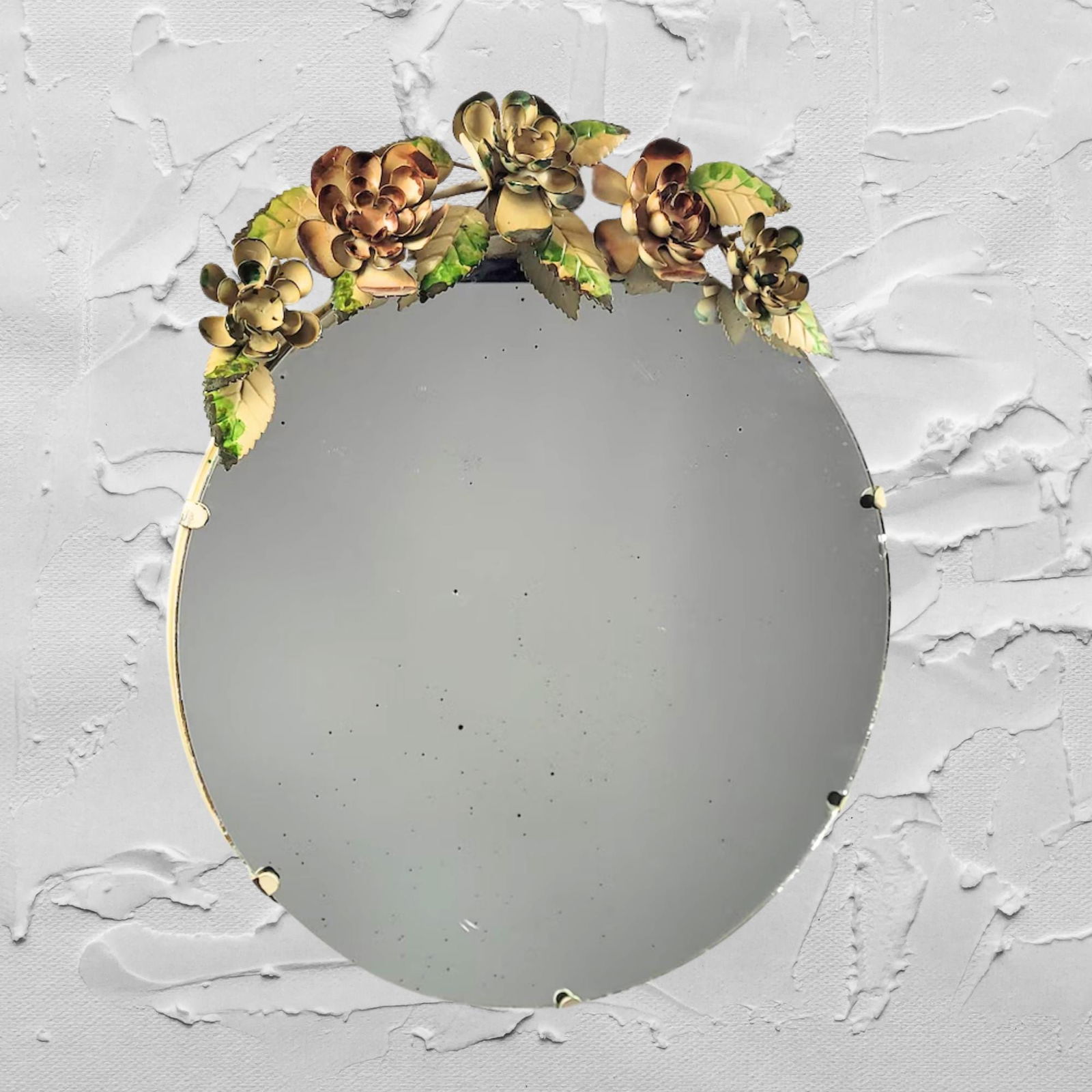 Antique Italian Tole Wall Mirror Floral Metal Round Cottagecore Rustic Vanity Mirror: Title: Antique Italian Tole Wall Mirror Floral Metal Round Cottagecore Rustic Vanity Mirror Description: Antique Italian tole wall mirror with floral metal frame in a round cottagecore style. This vin