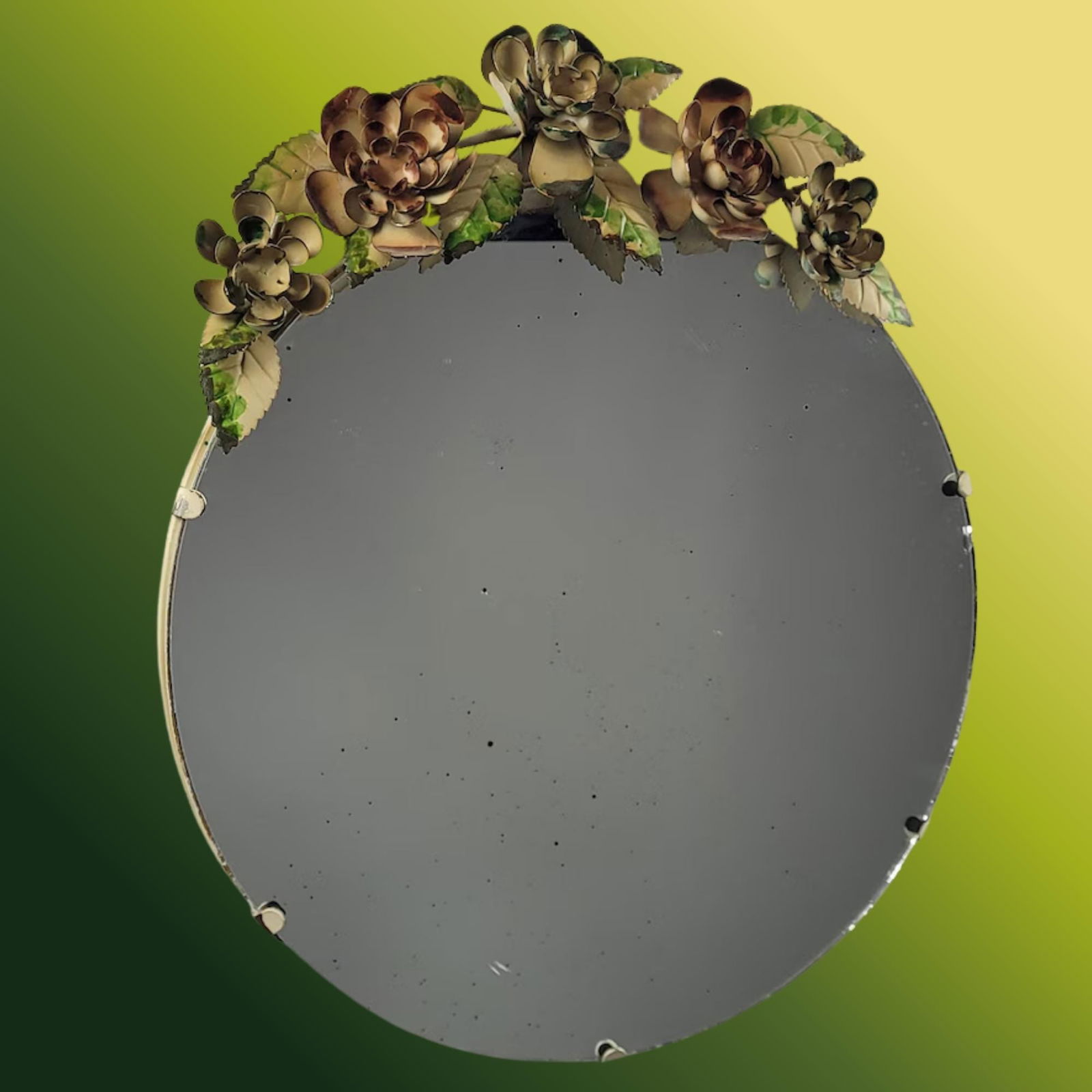 Antique Italian Tole Wall Mirror Floral Metal Round Cottagecore Rustic Vanity Mirror - 2