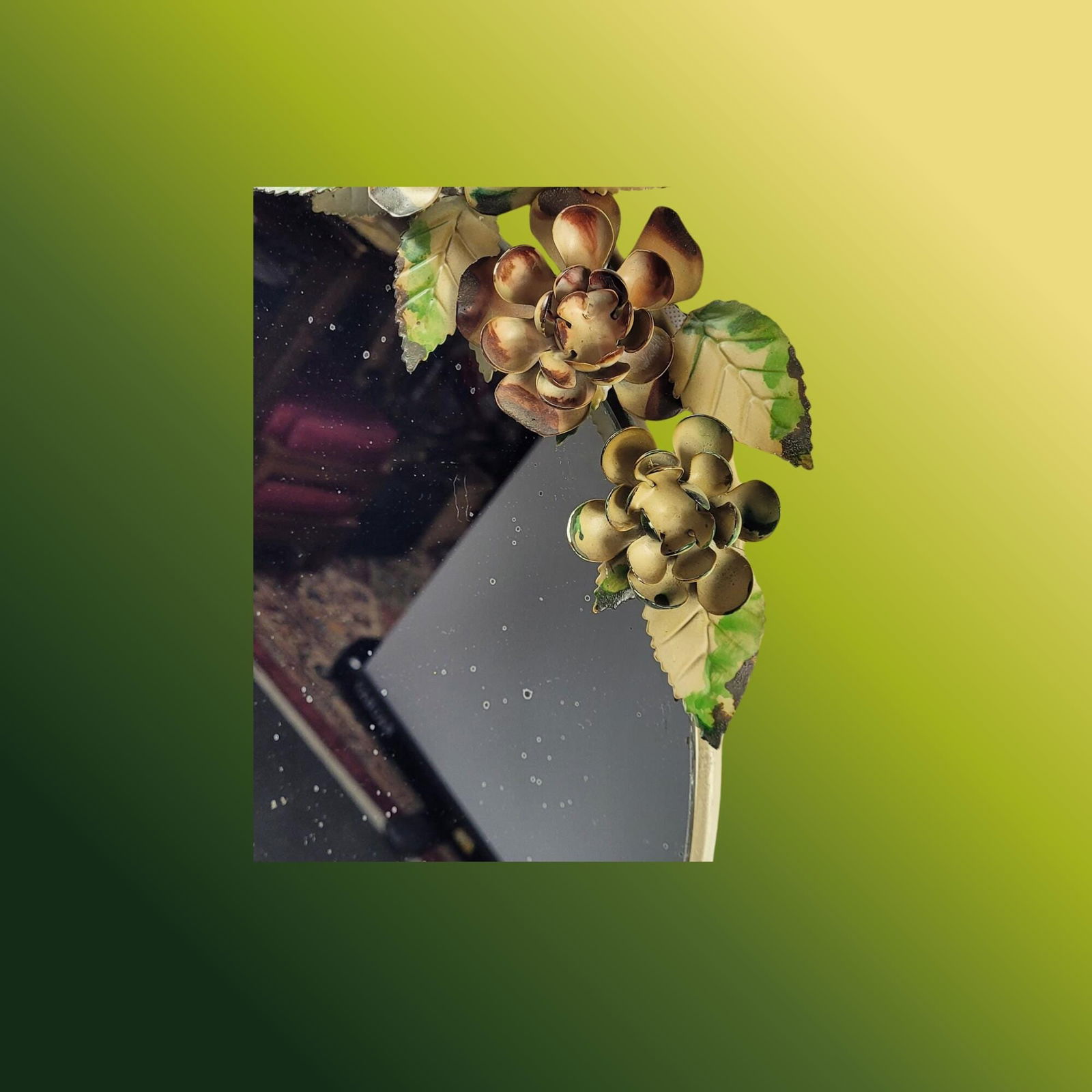 Antique Italian Tole Wall Mirror Floral Metal Round Cottagecore Rustic Vanity Mirror - 3