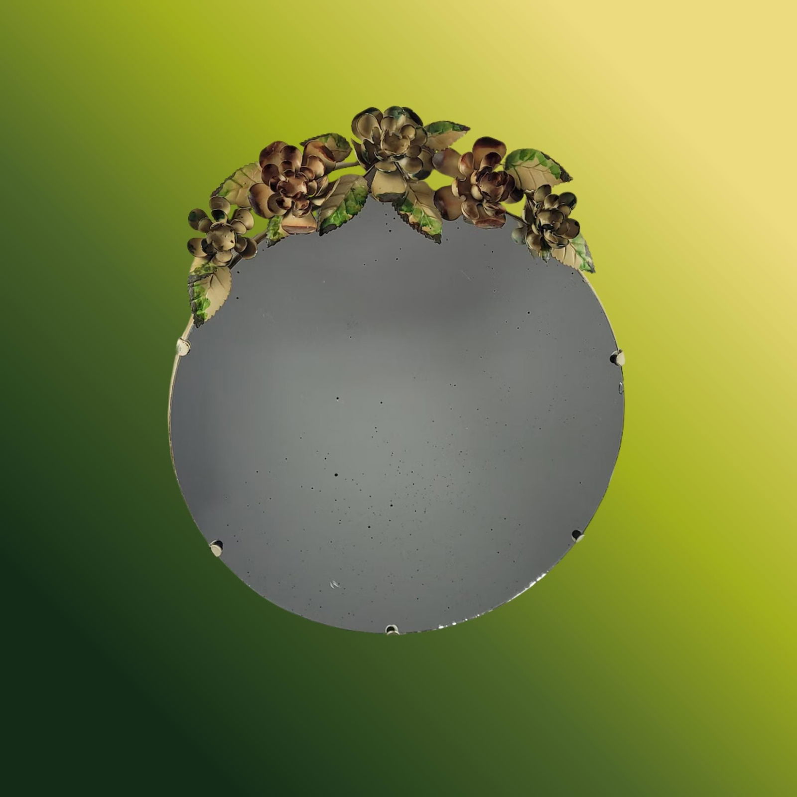 Antique Italian Tole Wall Mirror Floral Metal Round Cottagecore Rustic Vanity Mirror - 7