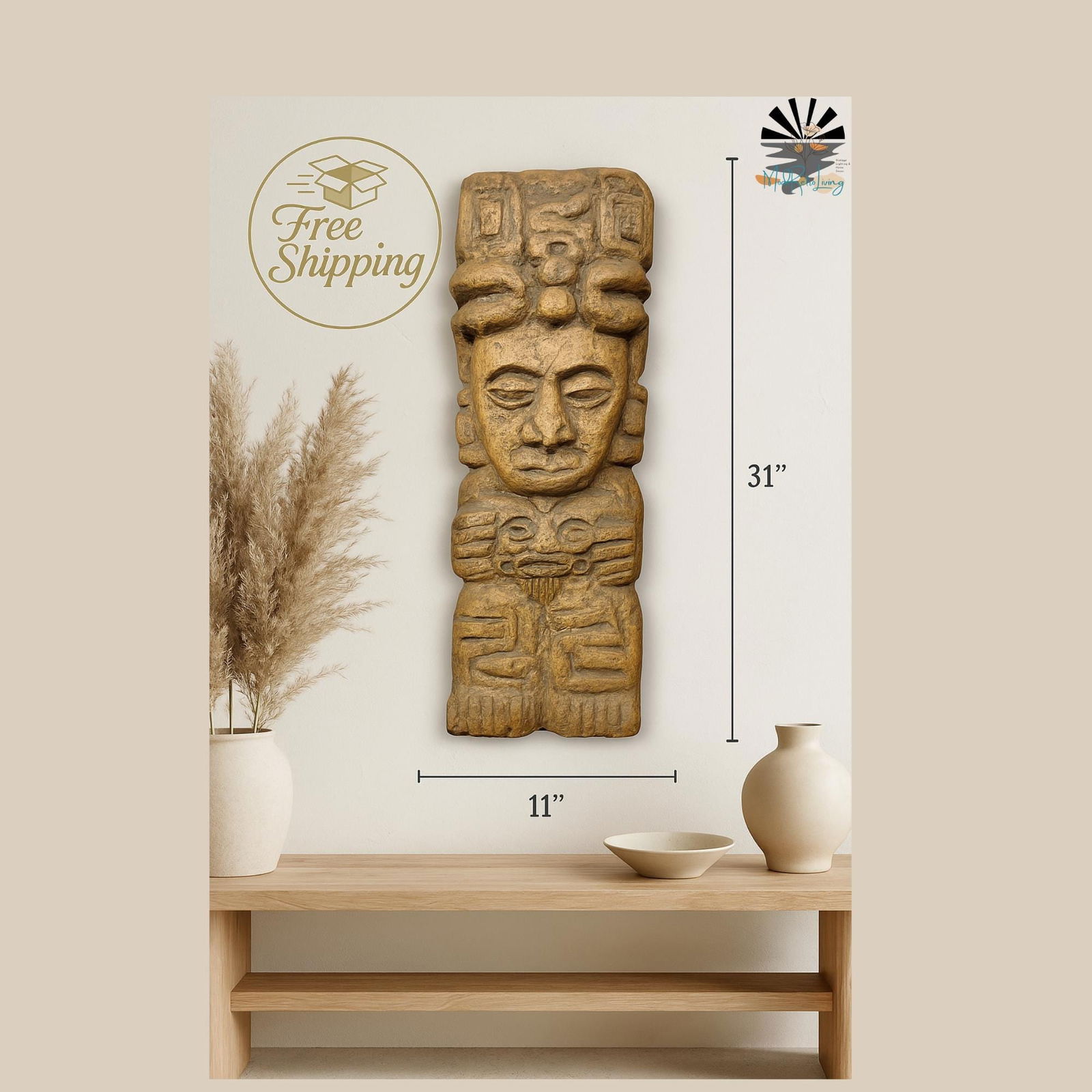 Vintage Tribal Wall Art Sculpture Boho Ethnic Decor Large Statement Hanging Statue 31" Tribal Home - 5