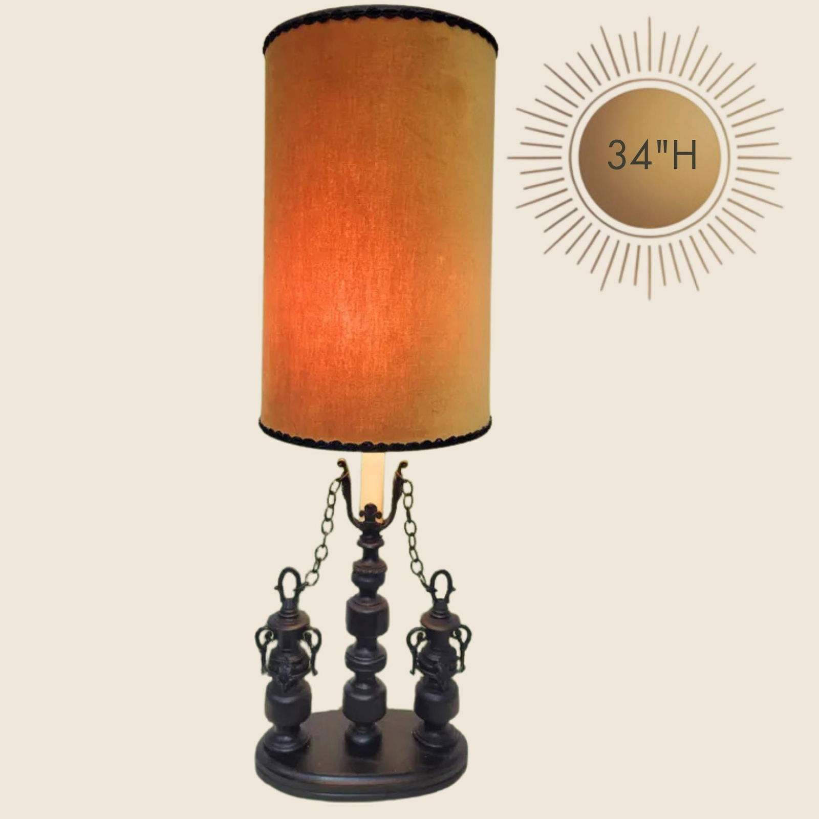 Vintage Wood Table Lamp Castlecore Velvet Drum Shade Original Old World Gothic Renaissance Lighting - 2