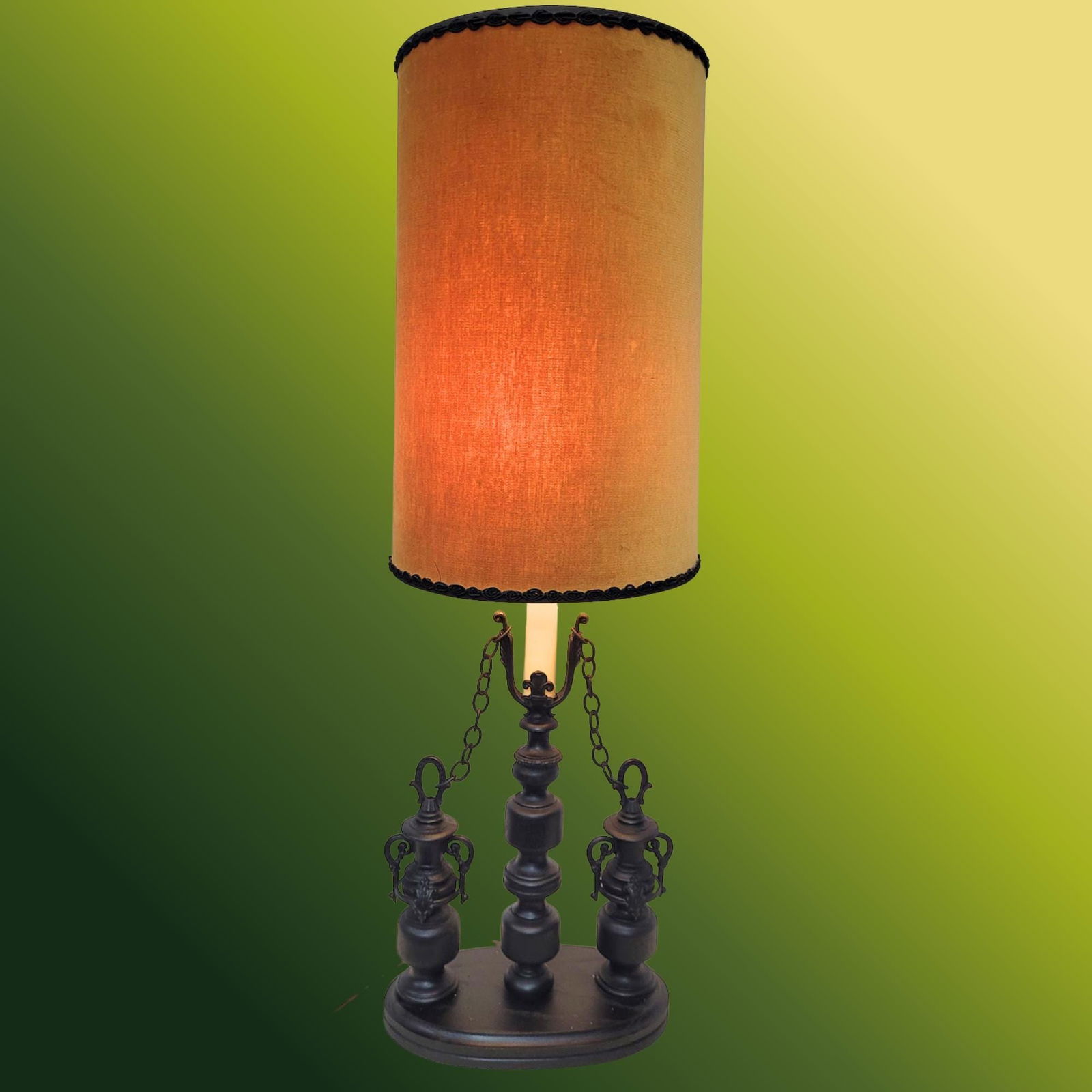 Vintage Wood Table Lamp Castlecore Velvet Drum Shade Original Old World Gothic Renaissance Lighting - 3