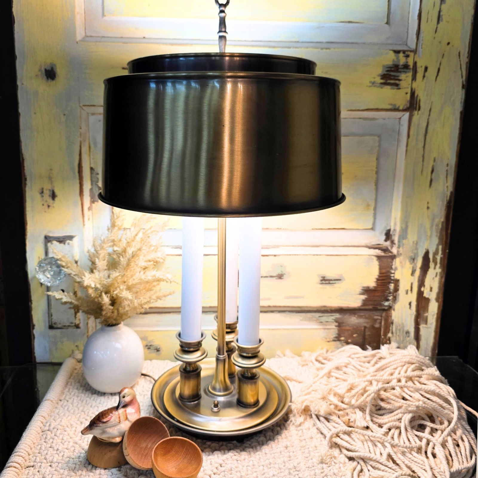 Vintage Brass Table Lamp Original Metal Shade Studycore Office Desk Decor Mid-Century 3-Light - 2