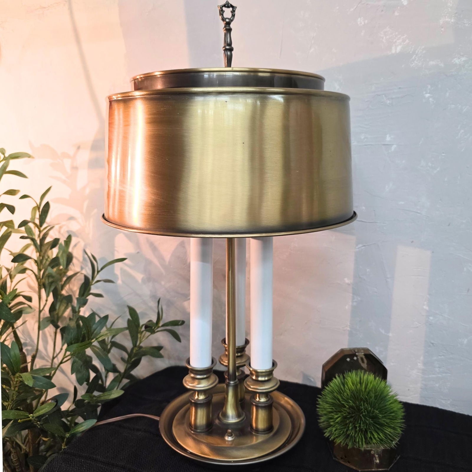 Vintage Brass Table Lamp Original Metal Shade Studycore Office Desk Decor Mid-Century 3-Light - 3