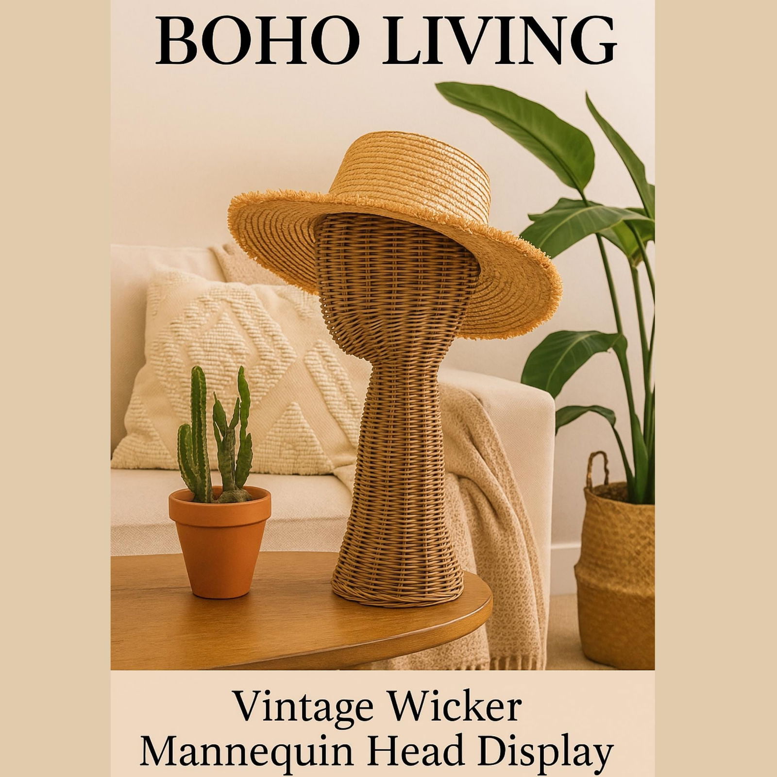 Vintage Wicker Mannequin Head: Boho Hat Display, Boutique Wig Stand - 10