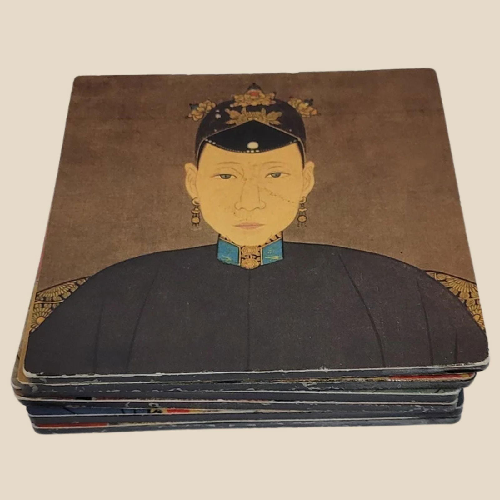 Antique Asian Small Portraits Coasters Set Imperial Art Drink Mats Chinoiserie Decor: Title: Antique Asian Small Portraits Coasters Set Imperial Art Drink Mats Chinoiserie Decor Description: Set of 6 vintage Chinese coasters featuring printed imperial ancestor portraits in