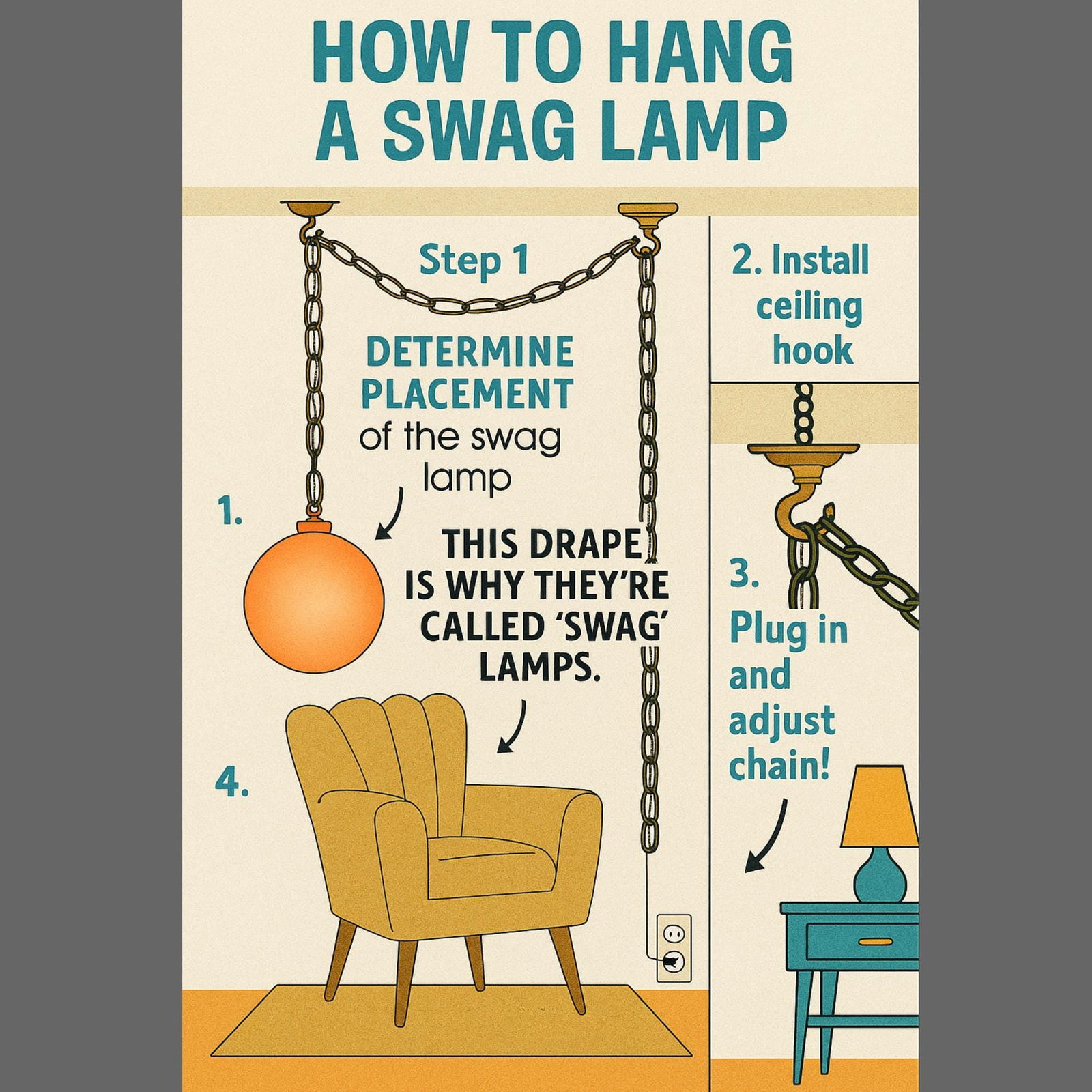 Vintage Hollywood Regency Swag Lamp Glass Globe BOHO Lighting Plug in Chic Style - 3