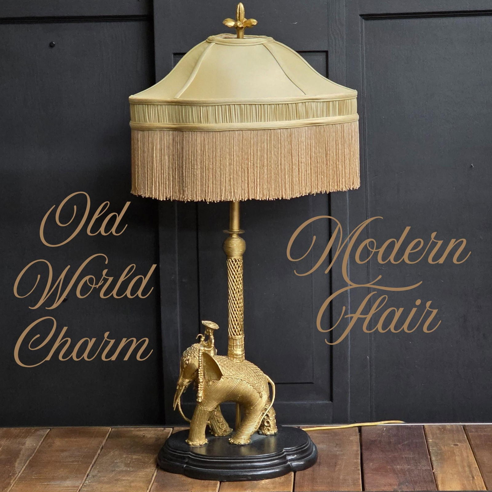 John Richard Elephant Table Lamp with Pagoda Fringe Shade Old World Indochine Style Hollywood - 2