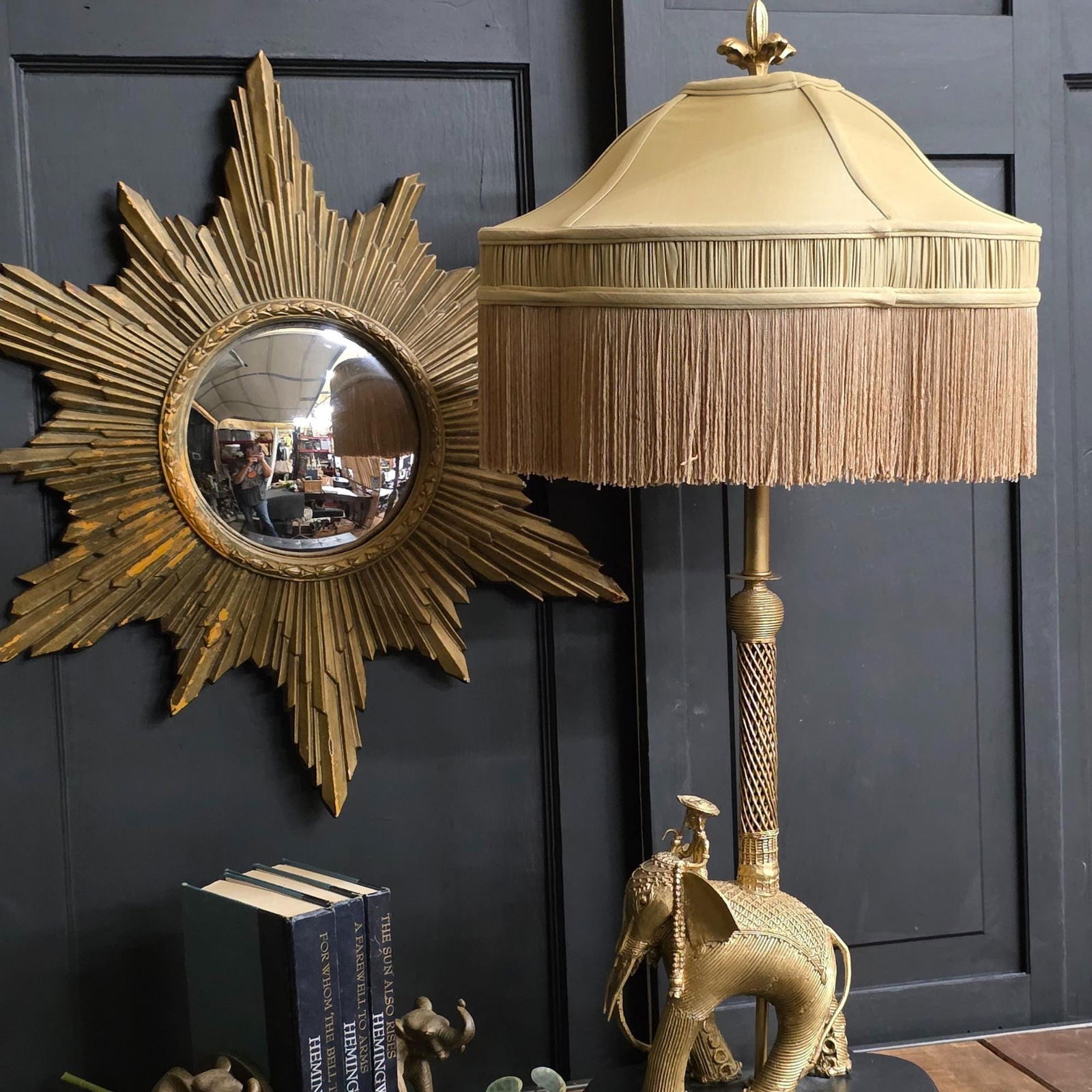 John Richard Elephant Table Lamp with Pagoda Fringe Shade Old World Indochine Style Hollywood - 3