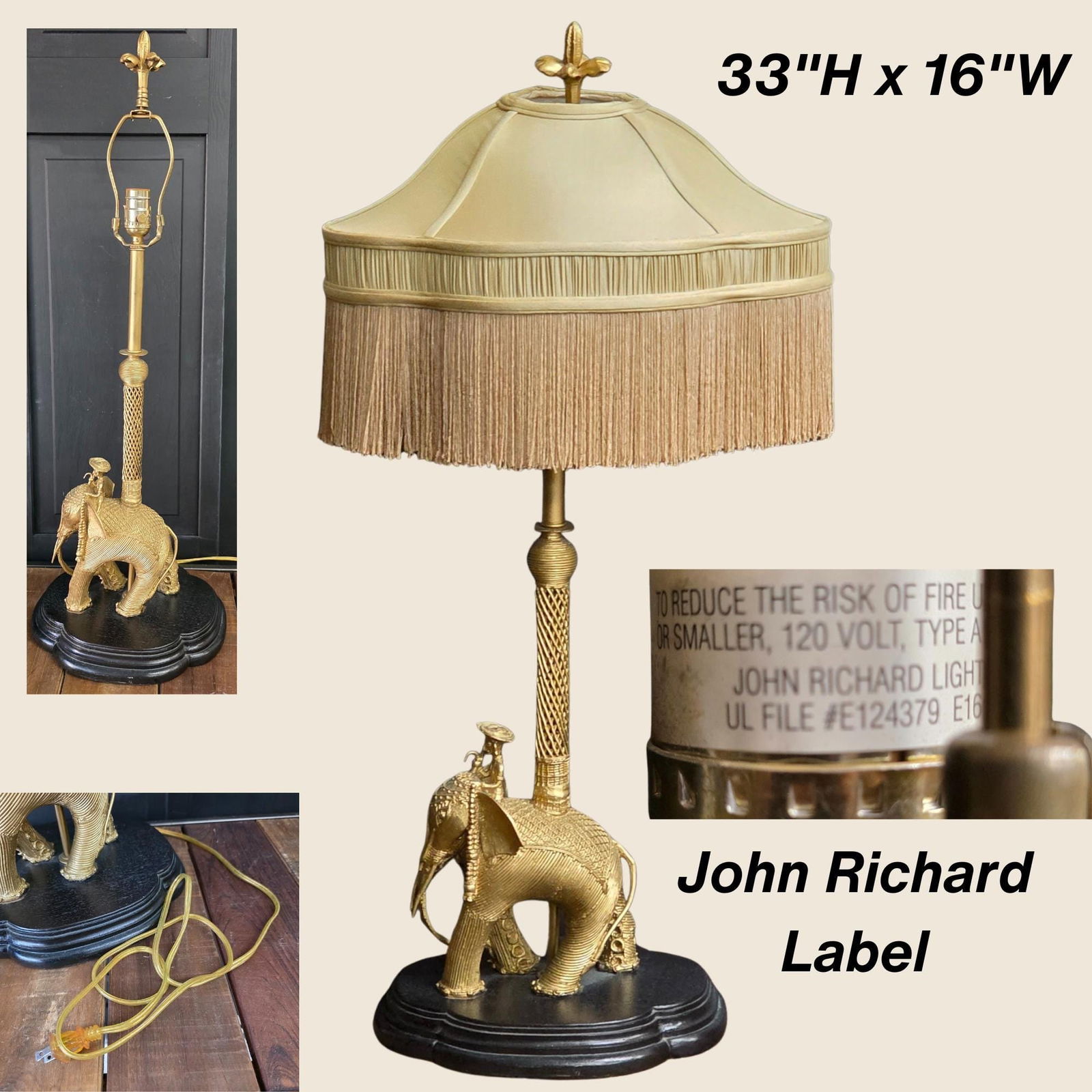 John Richard Elephant Table Lamp with Pagoda Fringe Shade Old World Indochine Style Hollywood - 8