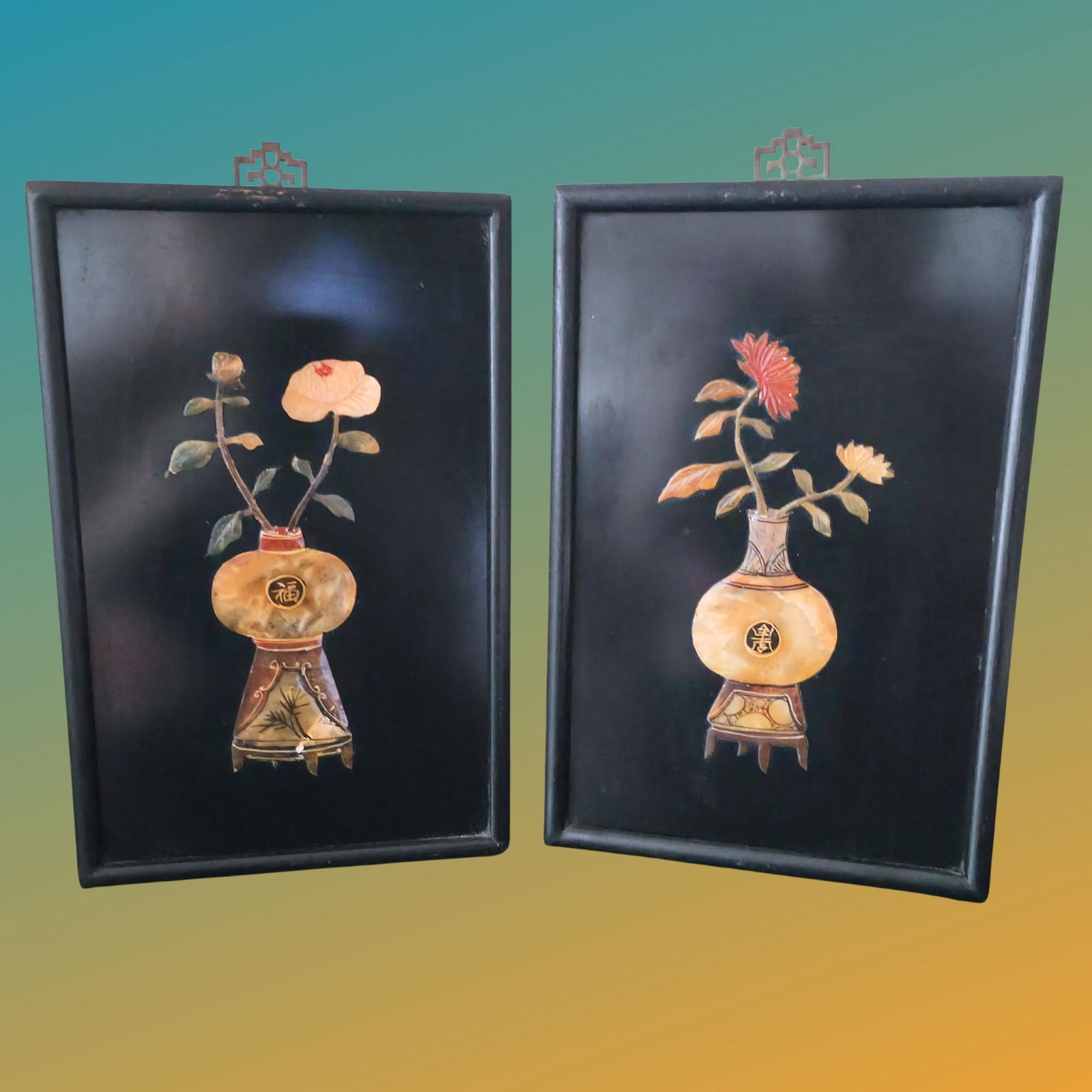 Vintage Jade Inlay Floral Panels: Asian Nephrite Relief Art, Framed Pair: Title: Vintage Jade Inlay Floral Panels: Asian Nephrite Relief Art, Framed Pair Description: Vintage Floral Wall Hangings Pair Asian Jade Inlay Panels Black Framed Nephrite Relief Art Lacquer Soapston