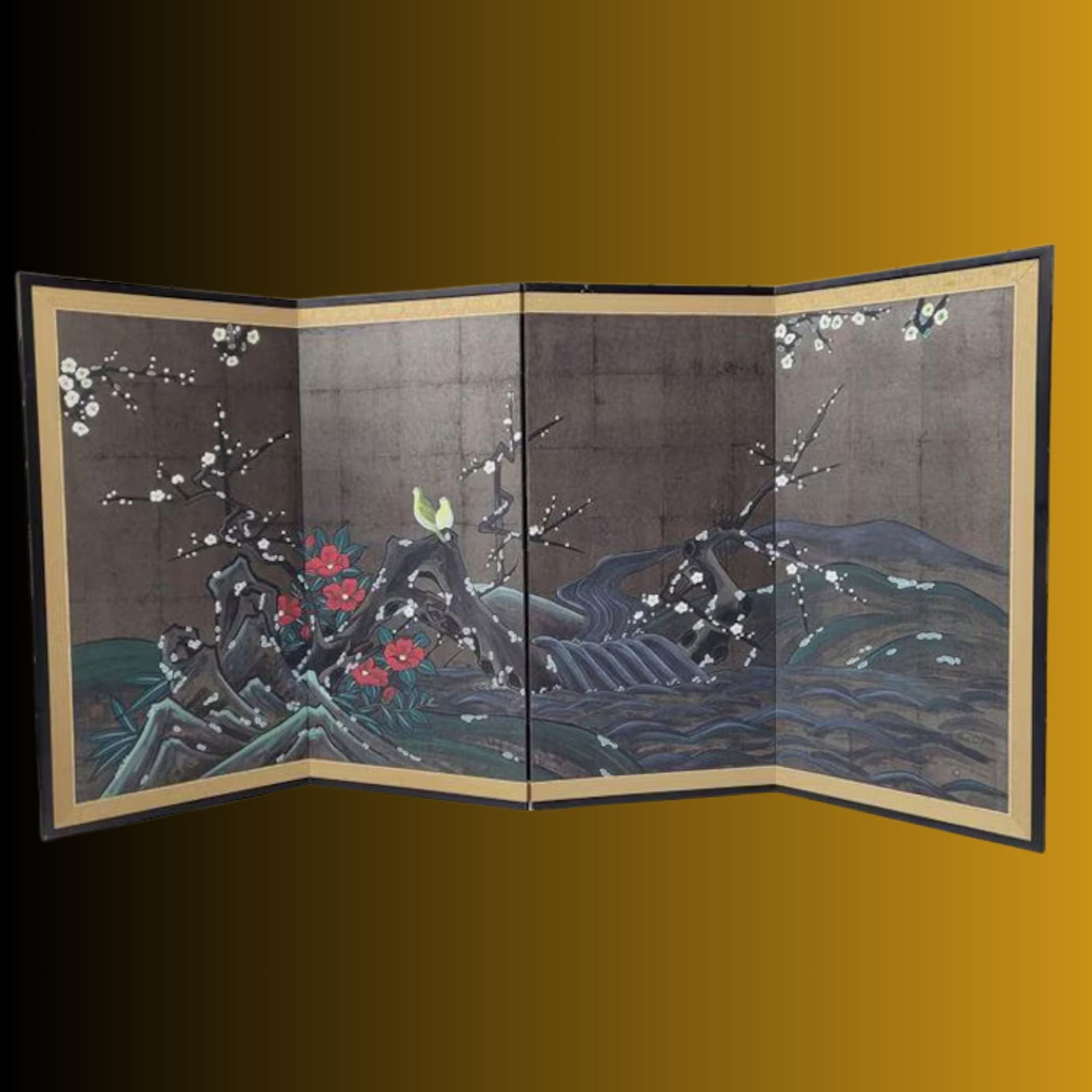 Vintage Japanese ByÅbu Screen: Hand-Painted Plum Blossom & Bird Scene (1 of 10)