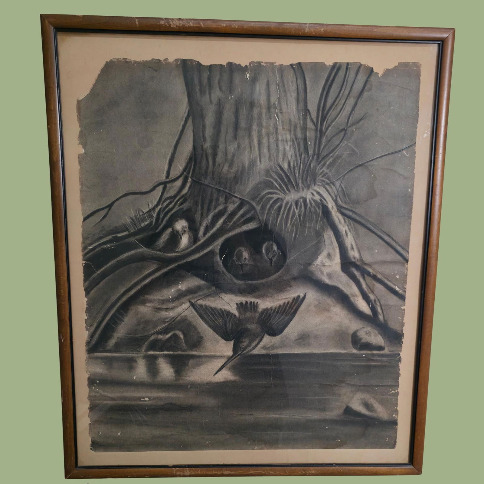 Vintage Halloween Charcoal Drawing: Bird Nest, Spooky Farmhouse Decor: Title: Vintage Halloween Charcoal Drawing: Bird Nest, Spooky Farmhouse Decor Description: Vintage Rustic Wall Art Primitive Charcoal charcoal Bird Nest Drawing 25â€³ Ã—