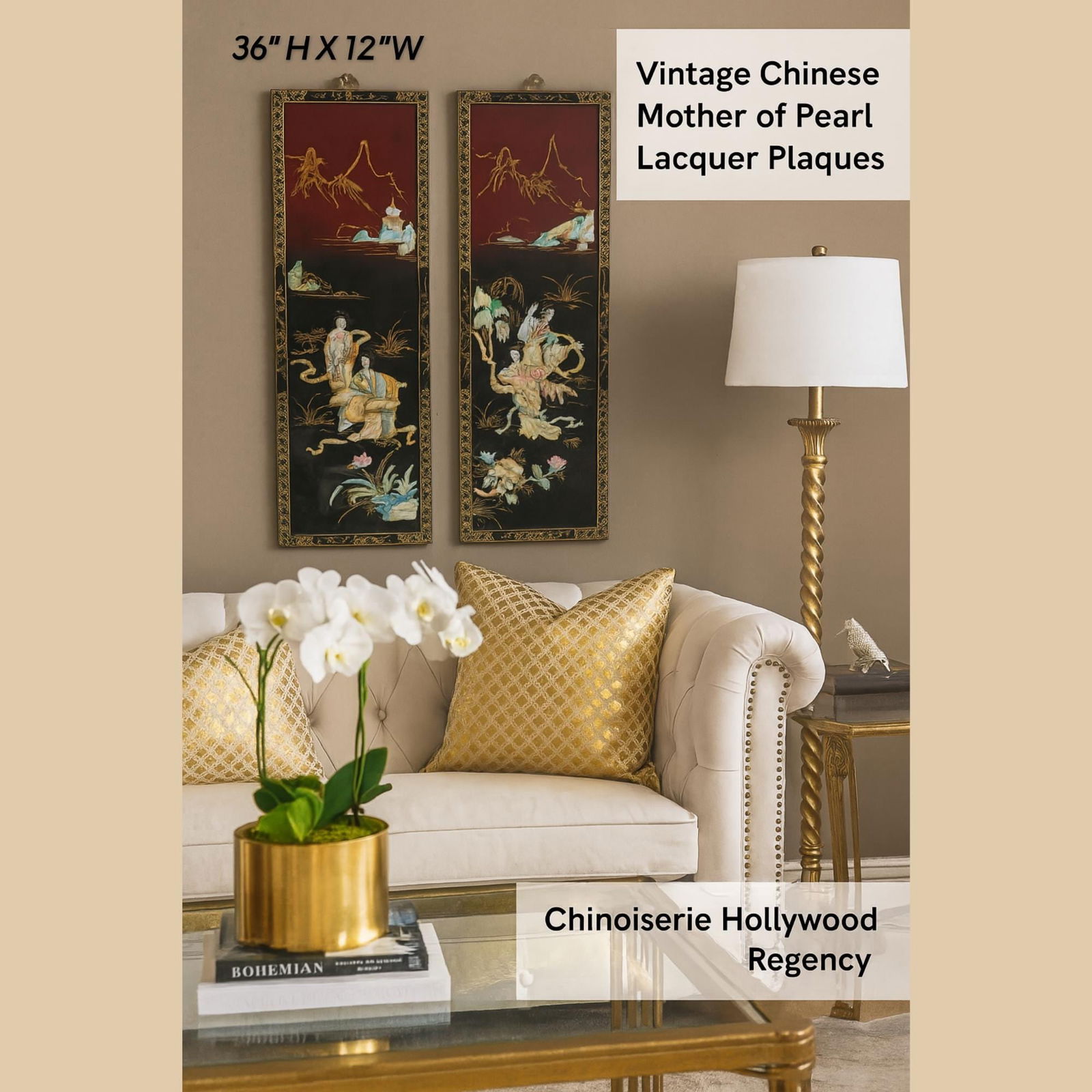 Vintage Asian Wall Hanging Panels Pair Black Lacquer 36" Art Court Ladies Oriental Decor - 10